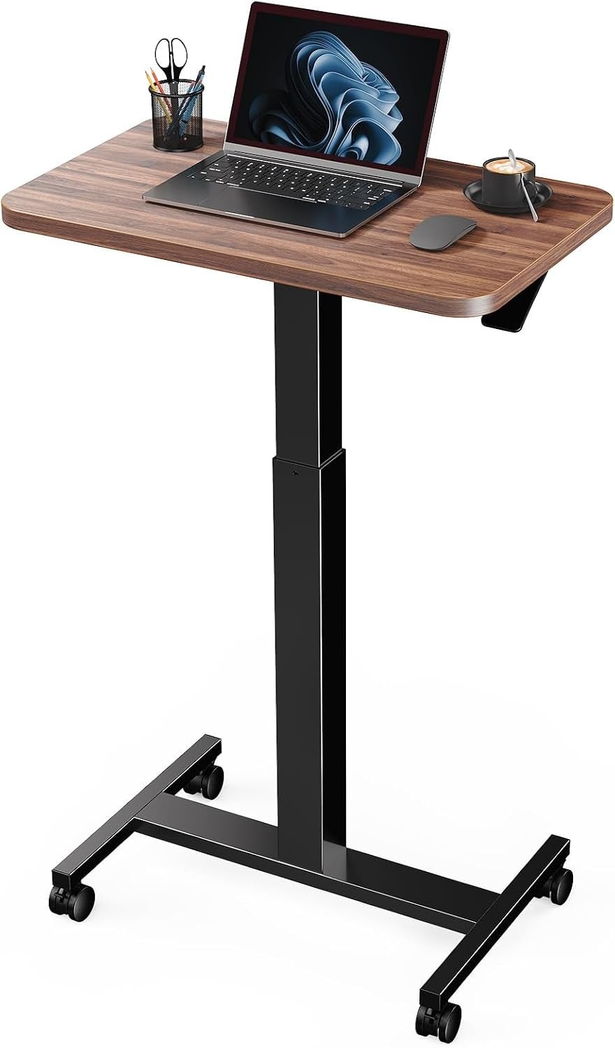 Marsail - Mobile Standing Desk, Pneumatic Height Adjustable Rolling Laptop Cart, Sit Stand Workstation with Locking 360° Casters - Walnut