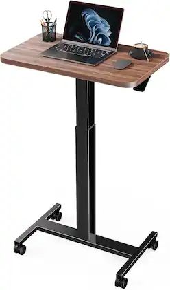 Marsail - Mobile Standing Desk, Pneumatic Height Adjustable Rolling Laptop Cart, Sit Stand Workstation with Locking 360° Casters - Walnut