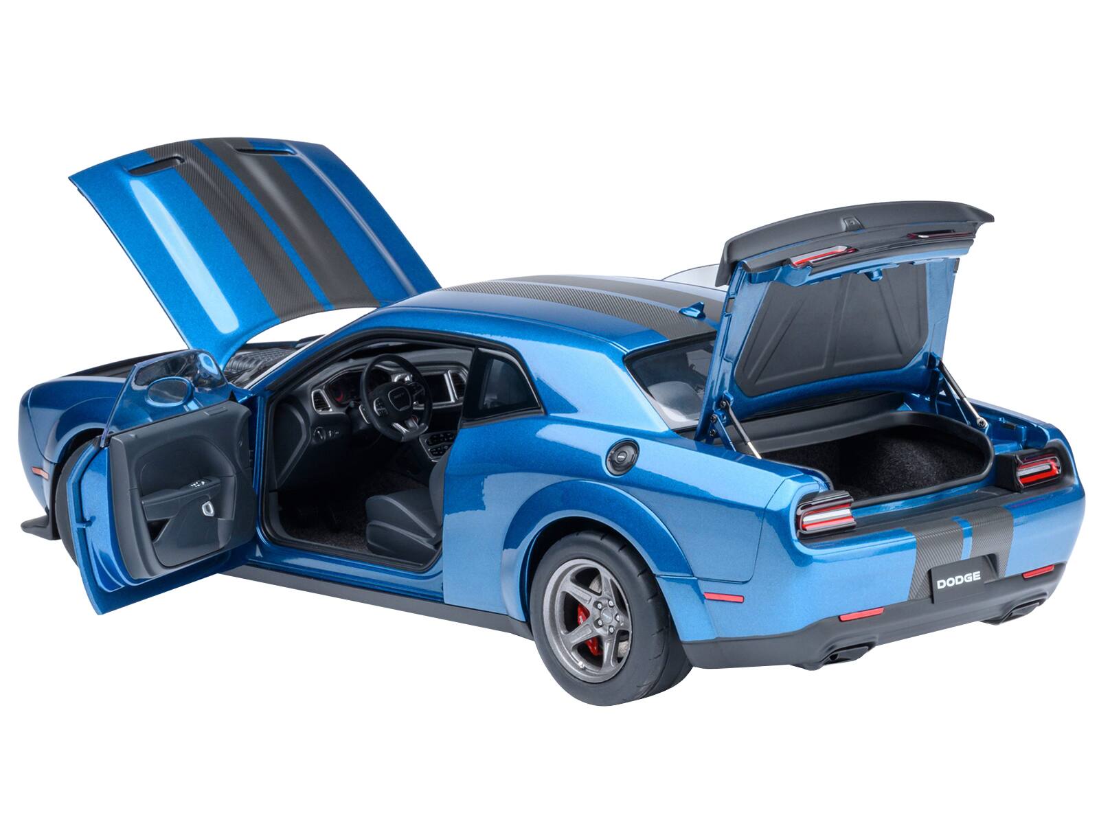 Alt View 1. Autoart - 2023 Dodge Challenger SRT Super Stock Frostbite Blue Metallic with Carbon Stripes 1/18 Model Car by Autoart.