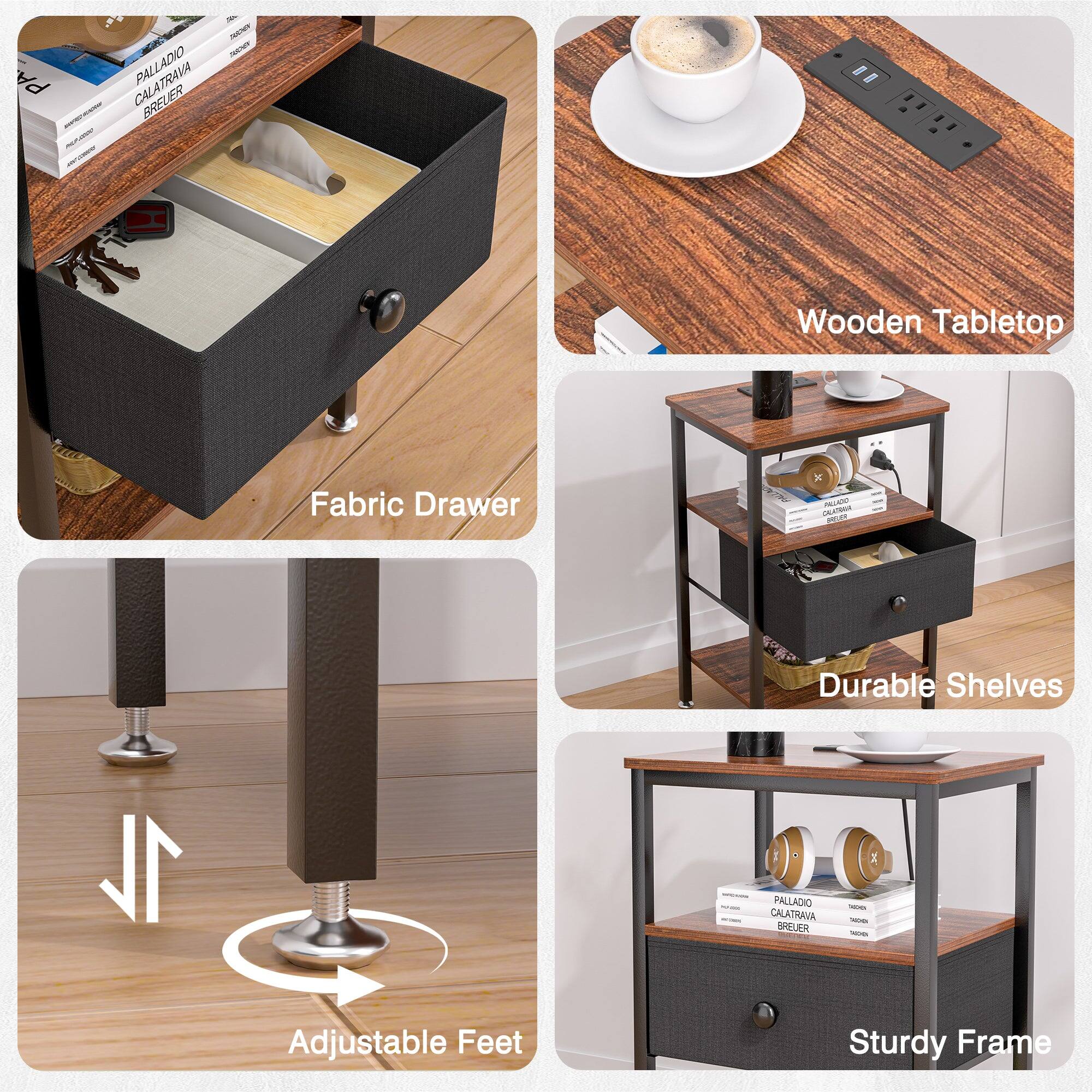 - Fabric Drawer
- Wooden Tabletop
- Durable Shelves
- Adjustable Feet
- Sturdy Frame
