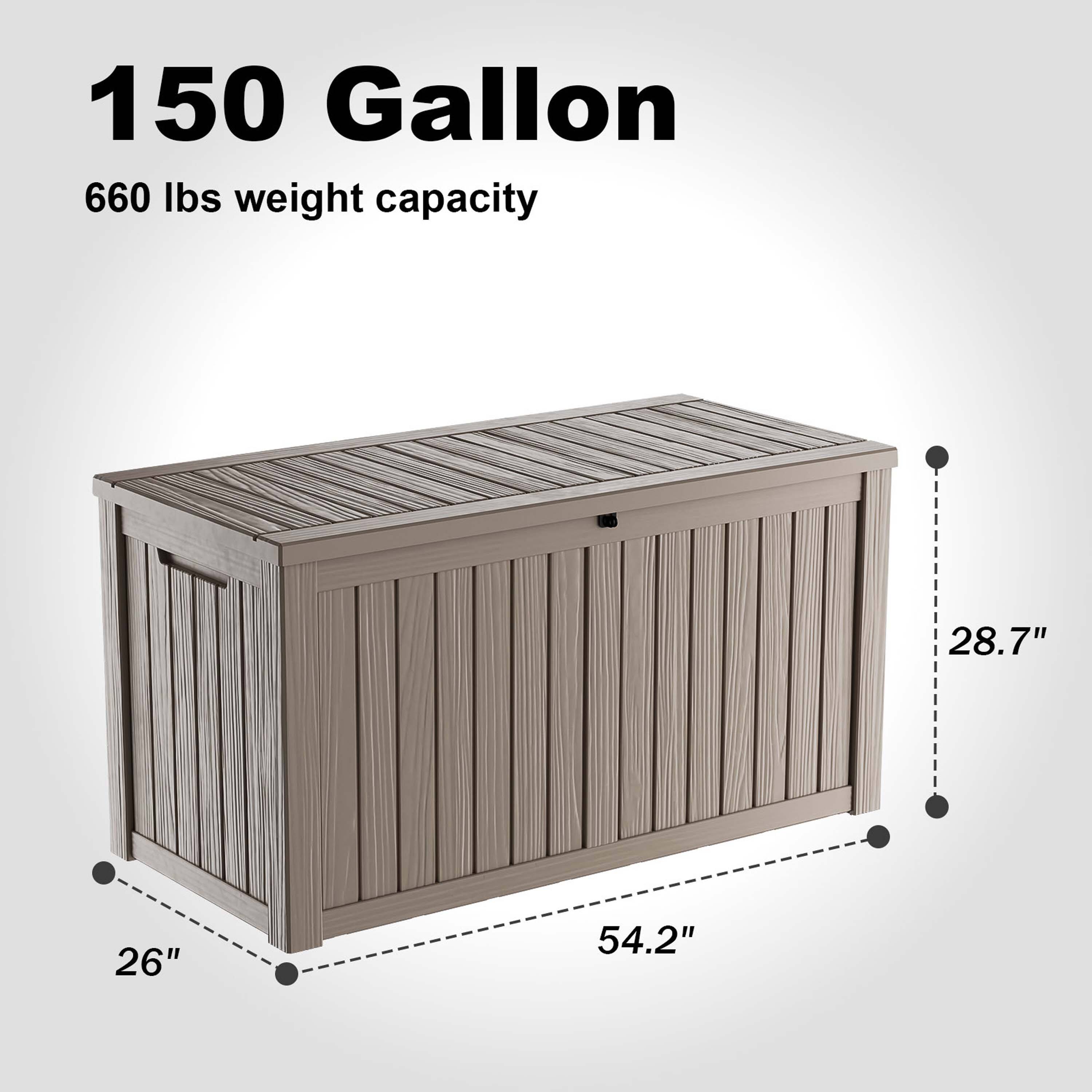 150 Gallon  
660 lbs weight capacity  
28.7"  
26"  
54.2"