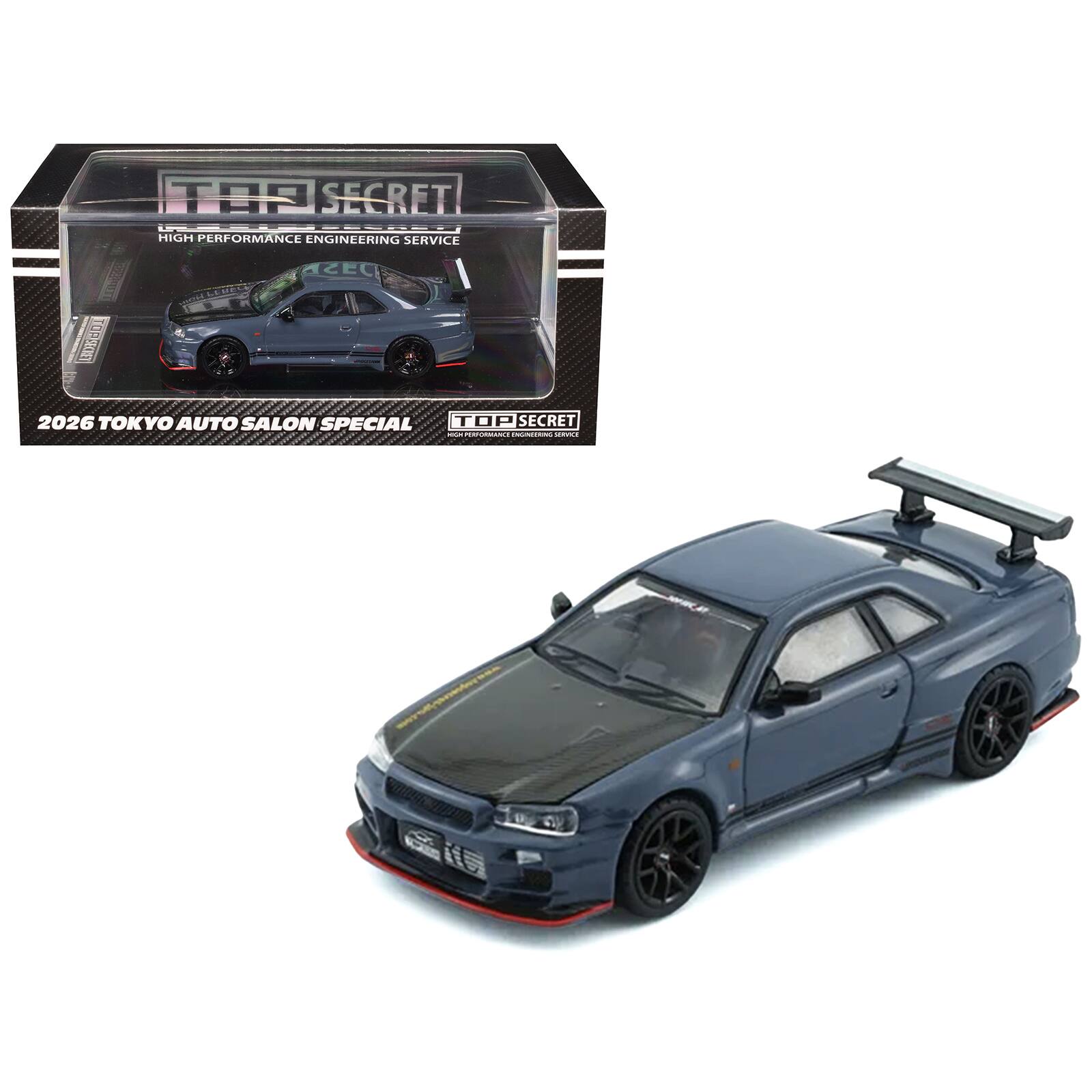 Nissan "Top Secret" Skyline GT-R BNR34 Stealth Gray with Carbon "Tokyo Auto Salon 2026" 1/64 Car by BM Creations