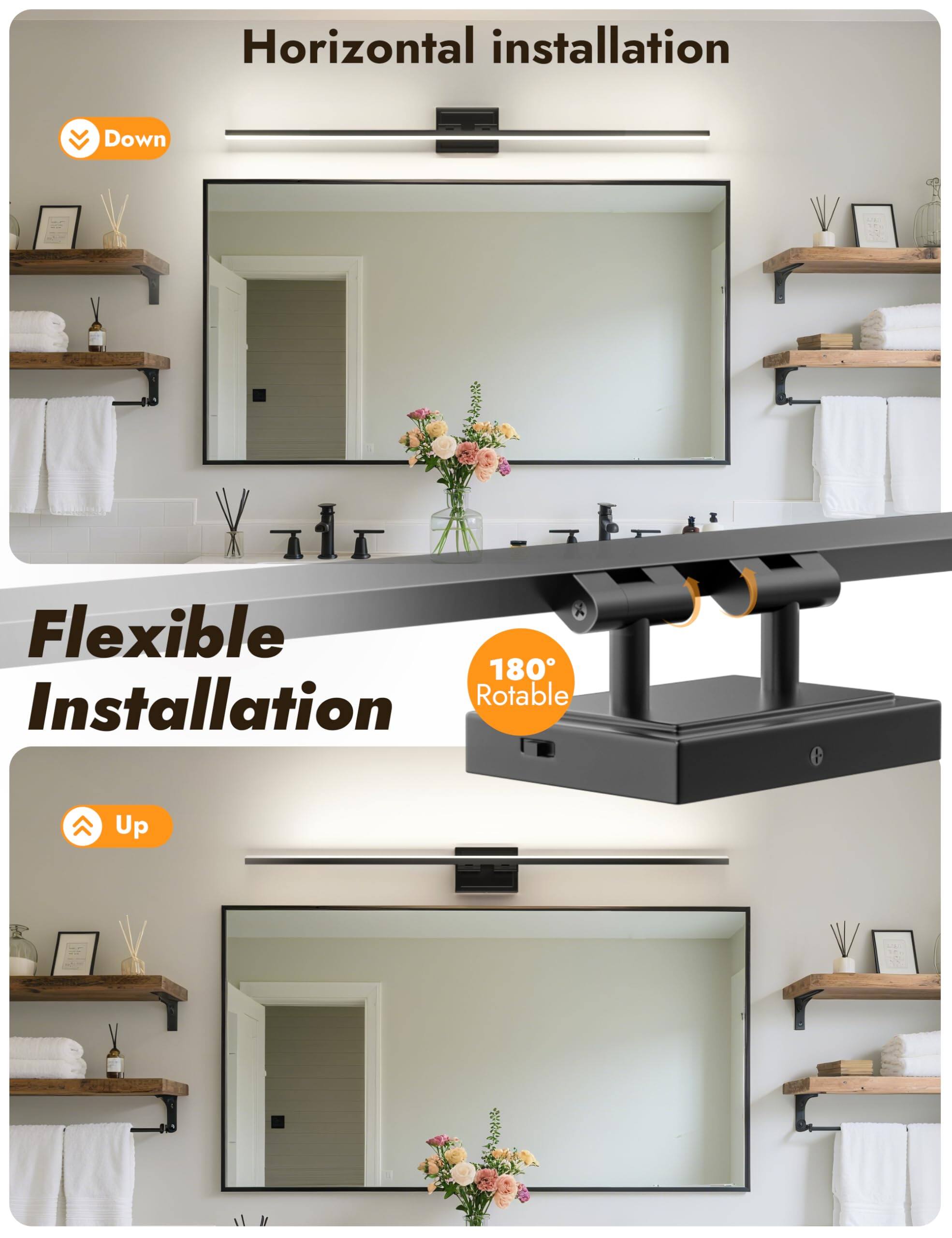 Horizontal installation  
Down

Flexible Installation  
180° Rotable  
Up