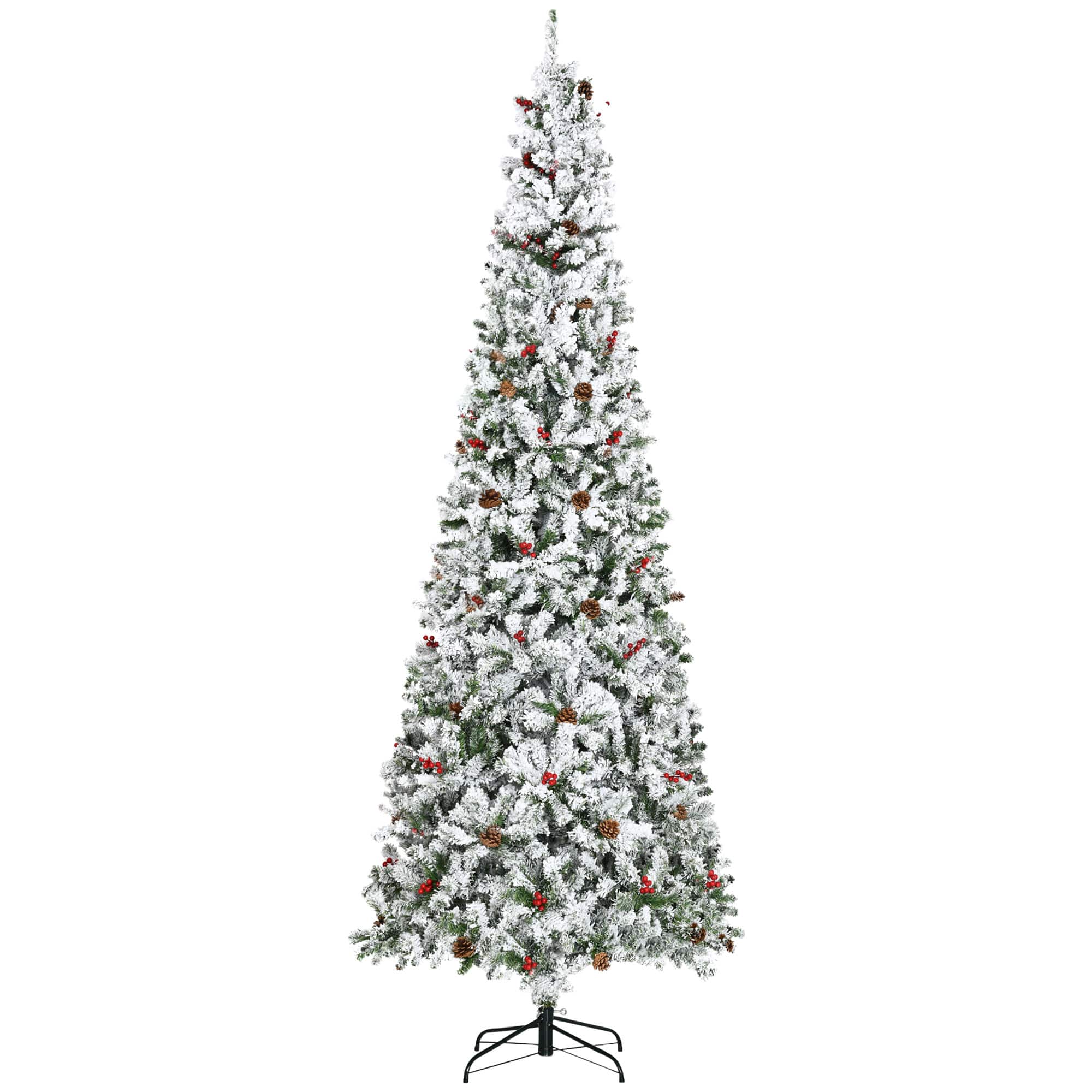 Homcom - 9ft Pencil Snow Flocked Artificial Christmas Tree, Pine Cones Berries Auto Open - Green