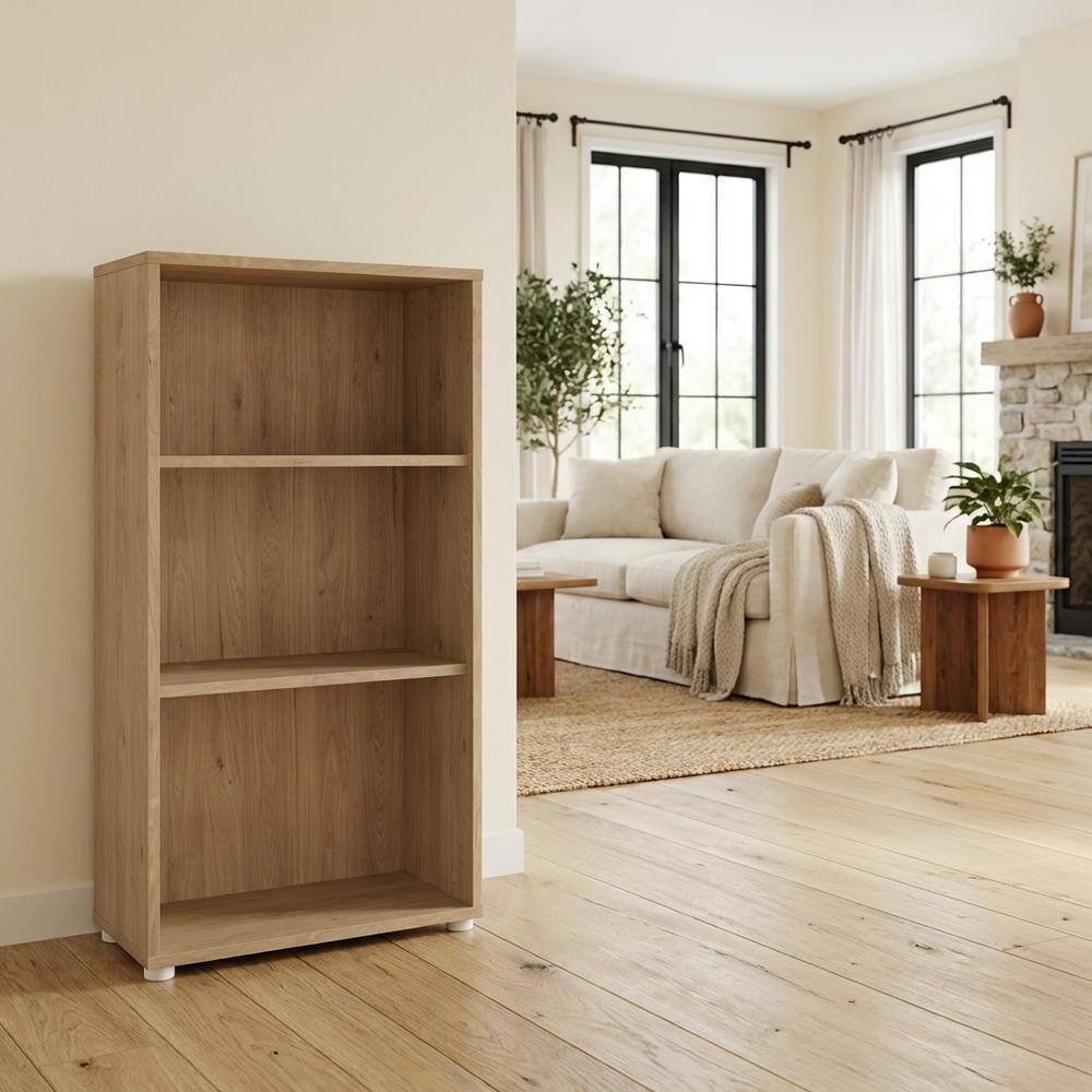 Left. FurniFact - Adjustable 3 Shelf Bookcase with Open Storage and Levelers in Hickory - Brown.