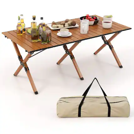 Front. Ecooso - Lightweight Aluminum Camping Table with Wood Grain Surface - Natural.