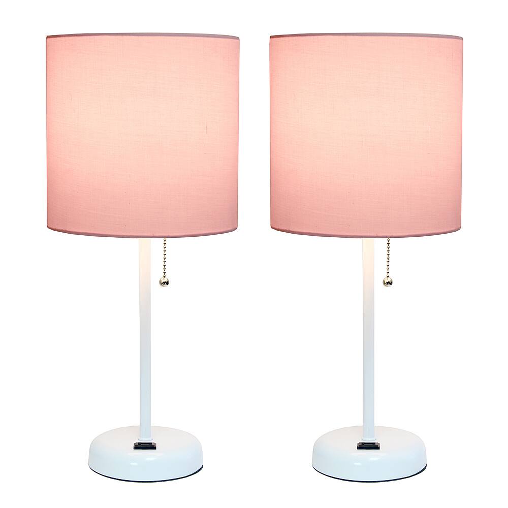 Front. Limelights - Stick Lamp with Charging Outlet and Fabric Shade 2 Pack Set - White/Pink.