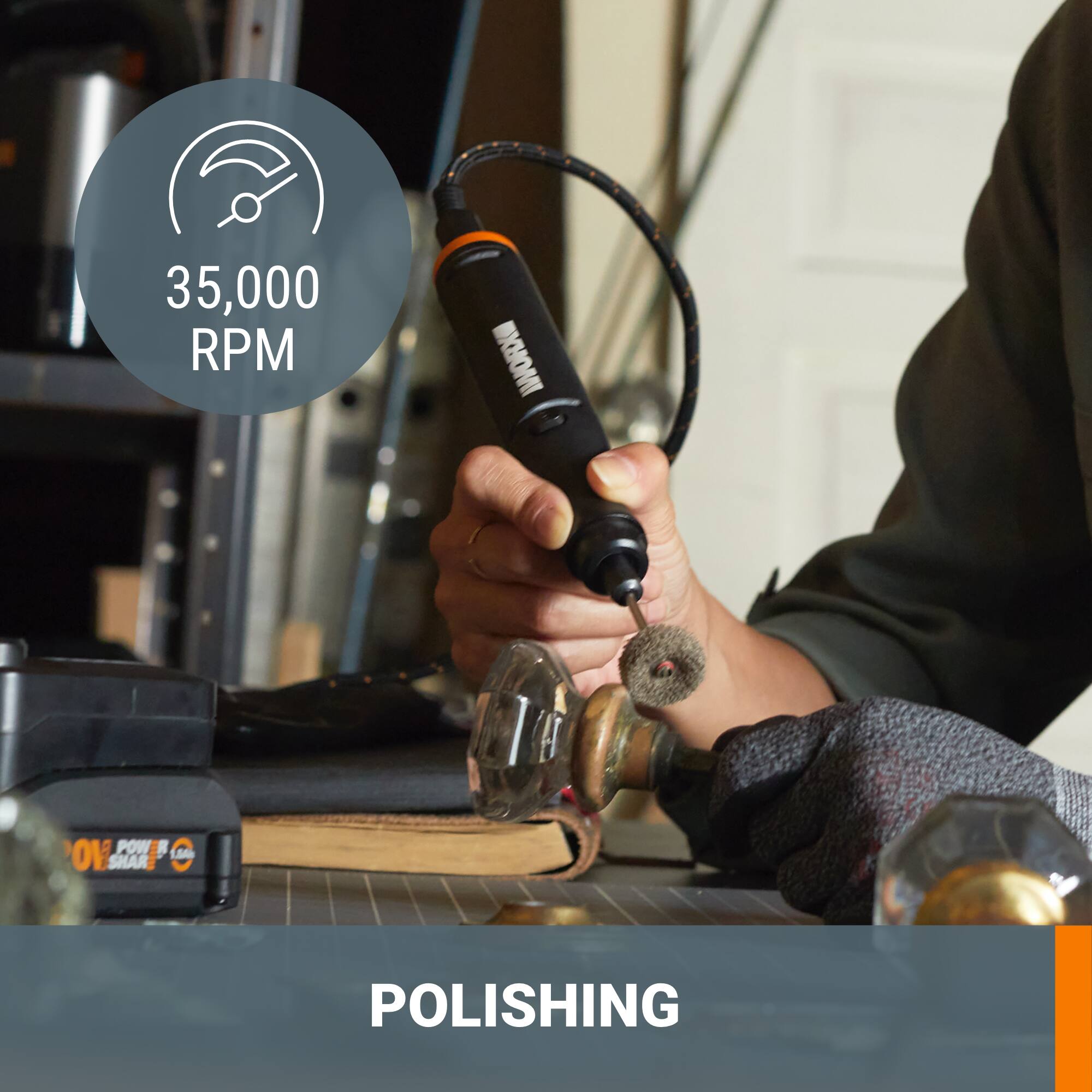 The text on the image reads "35,000 RPM IX POW R L 1.50 OV SHAR POLISHING." This text is grouped and corrected as follows:

"35,000 RPM IX POW R L 1.50 OV SHAR POLISHING"

The text is grouped as follows:

1. "35,000 RPM"
2. "IX POW R L 1.50 OV"
3. "SHAR POLISHING"