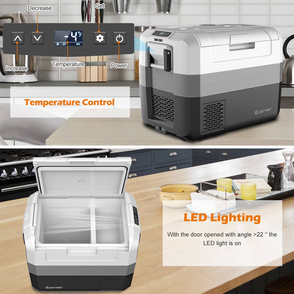 The image features a kitchen with a refrigerator and a microwave. The refrigerator has its door open, revealing the interior, and the microwave is placed above the refrigerator. The image also shows a table with a bowl and a cup on it. The text on the image provides information about the refrigerator's features, such as temperature control, LED lighting, and the angle required for the LED light to be on.