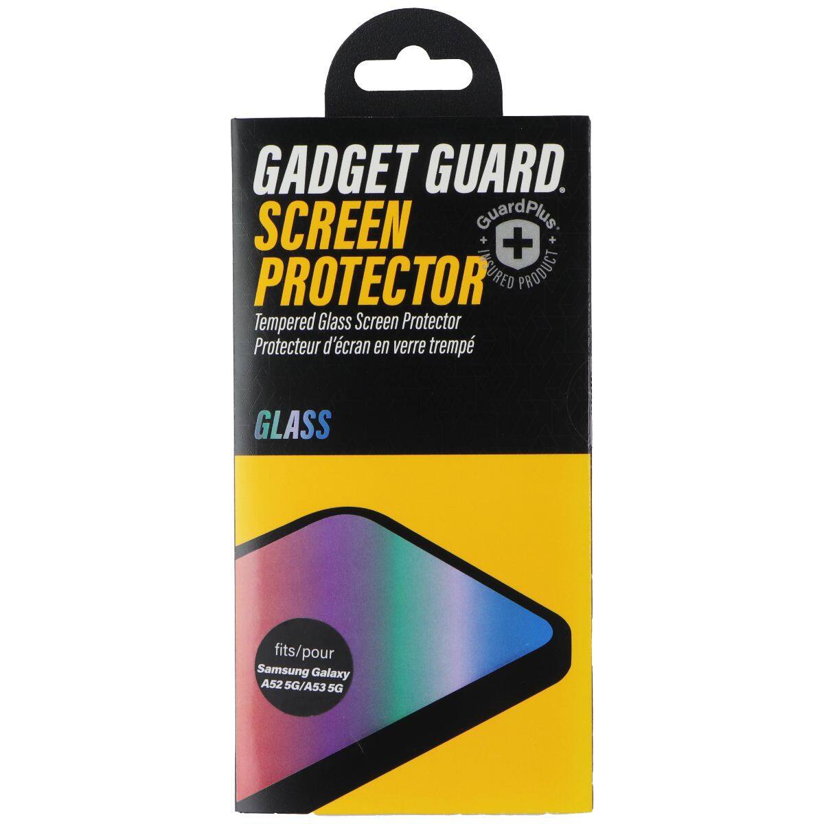GADGET GUARD. SCREEN PROTECTOR. GuardPlus. + + PROTECTOR INSURED PRODUCT. Tempered Glass Screen Protector. Protecteur d'écran en verre trempé. GLASS. fits/pour Samsung Galaxy A52 5G/A53 5G