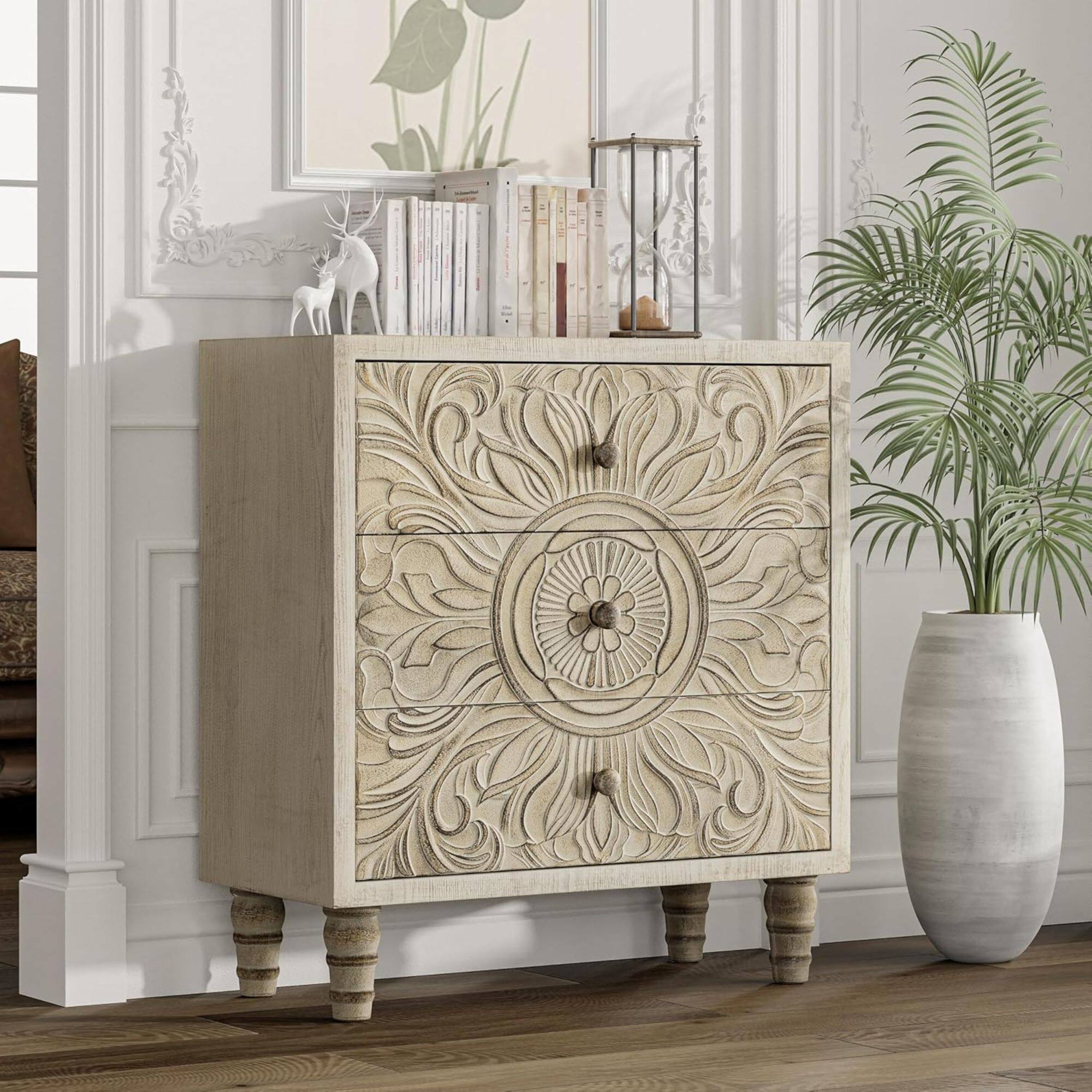 Alt View 4. COZAYH - COZAYH Farmhouse 3 Drawer Home Bedroom Dresser with Embossed Flower Motif Front - White.