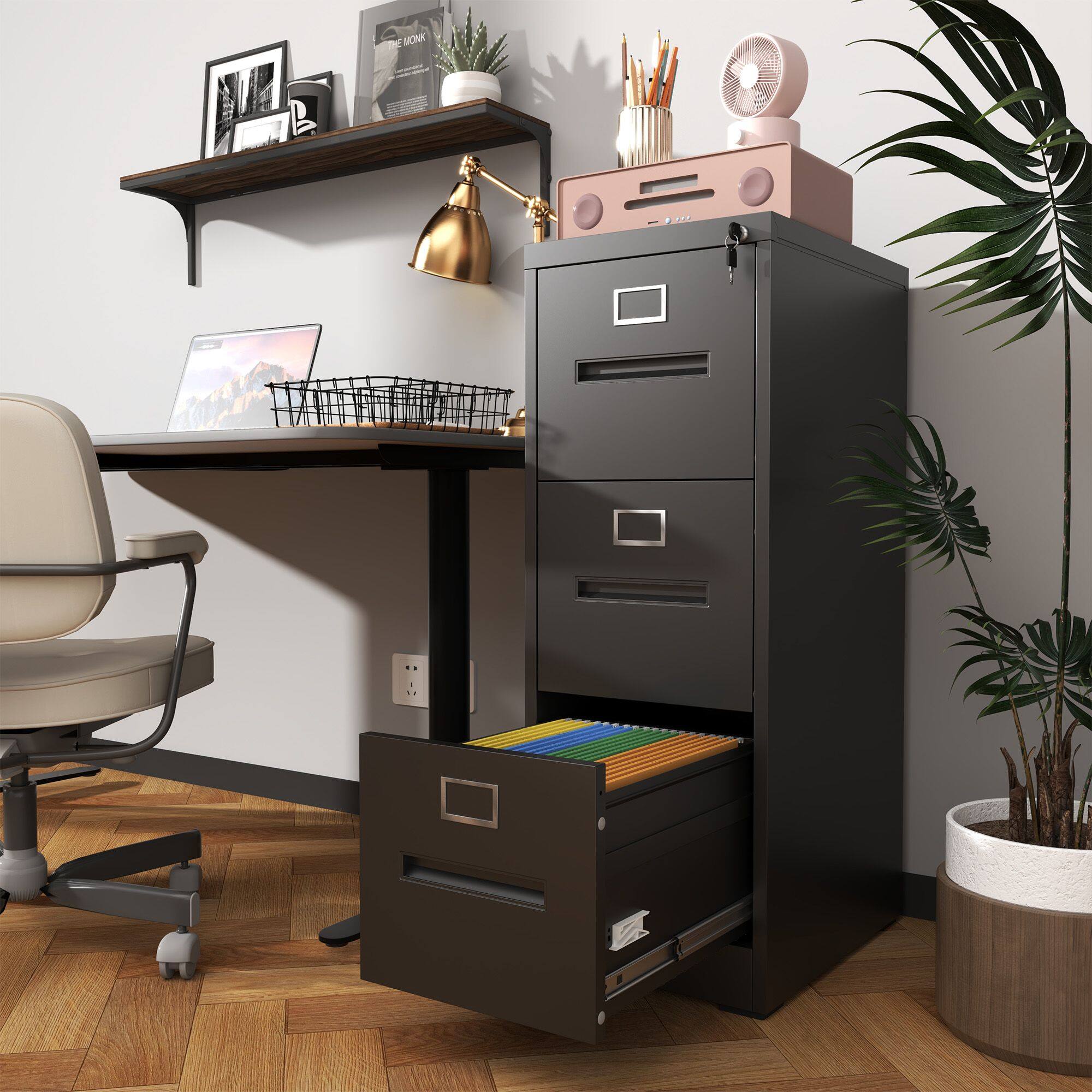 Back. Mirfee - 3-Drawer File Cabinet with Lock, for A4/Legal/Letter Files - Black.