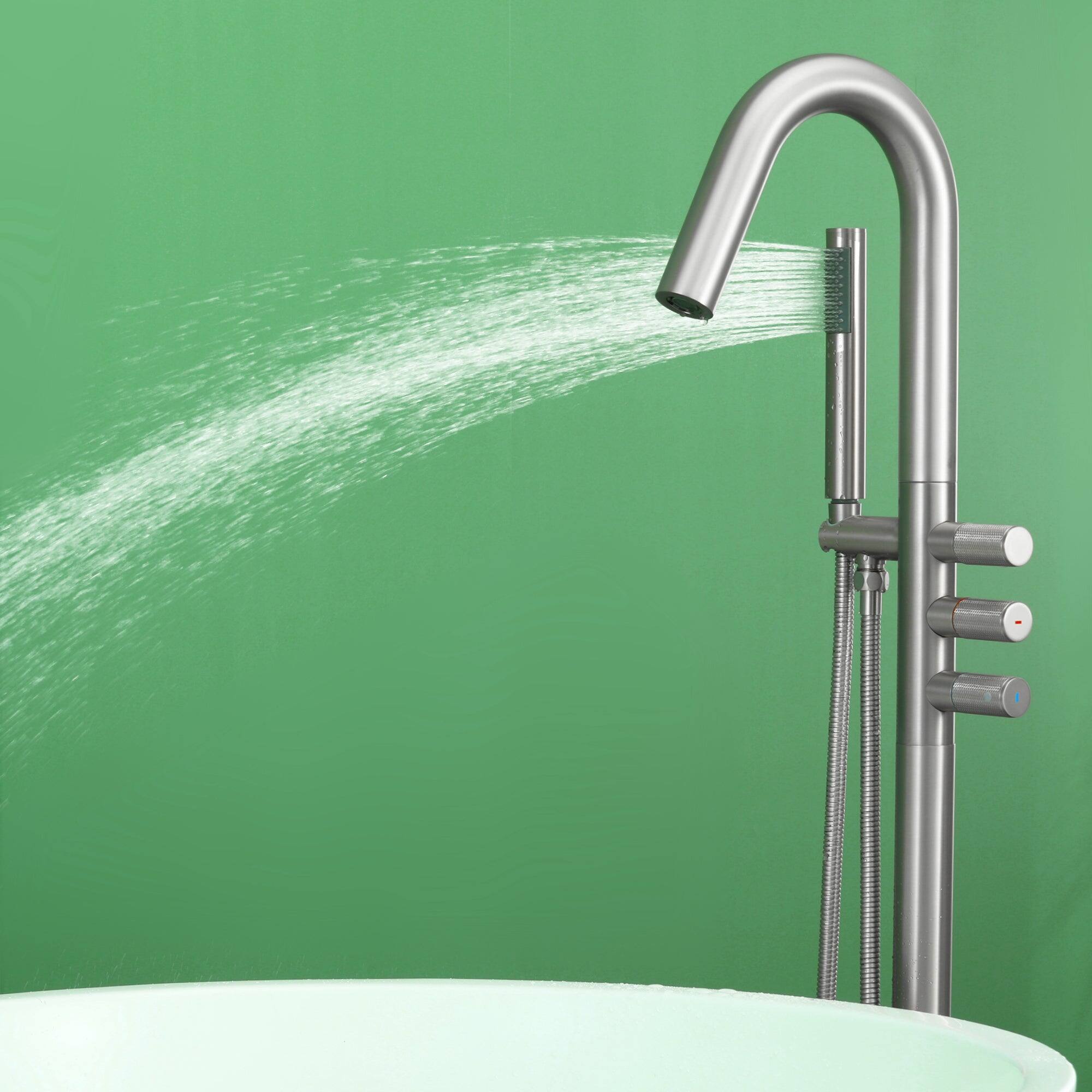 Alt View 5. Boyel Living - Brushed Bathtub Faucet Dual Function 360 Degrees Rotatable 1.5m SUS304 Hose Triple Knob - Brushed Nickel.