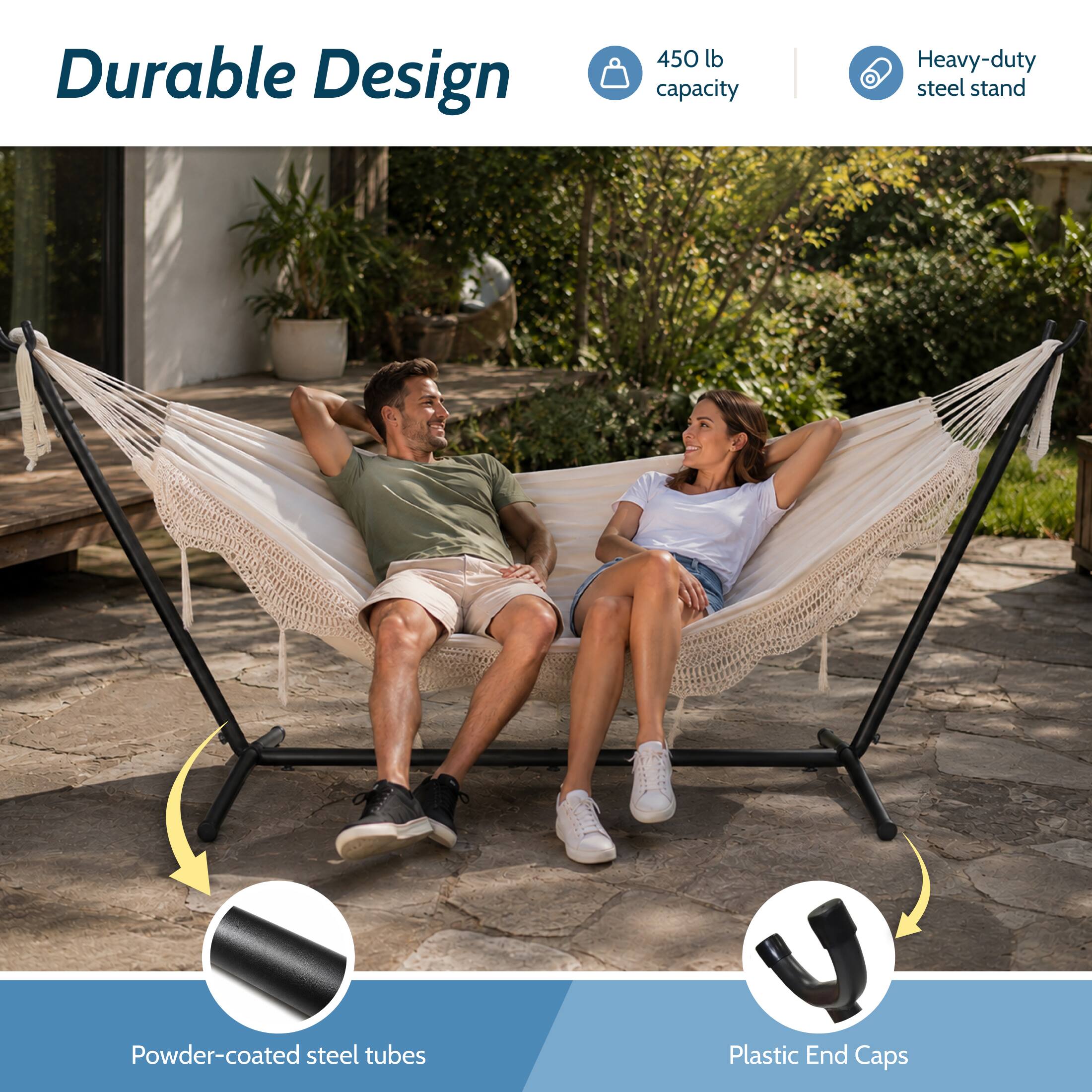 Durable Design  
450 lb capacity  
Heavy-duty steel stand  
Powder-coated steel tubes  
Plastic End Caps