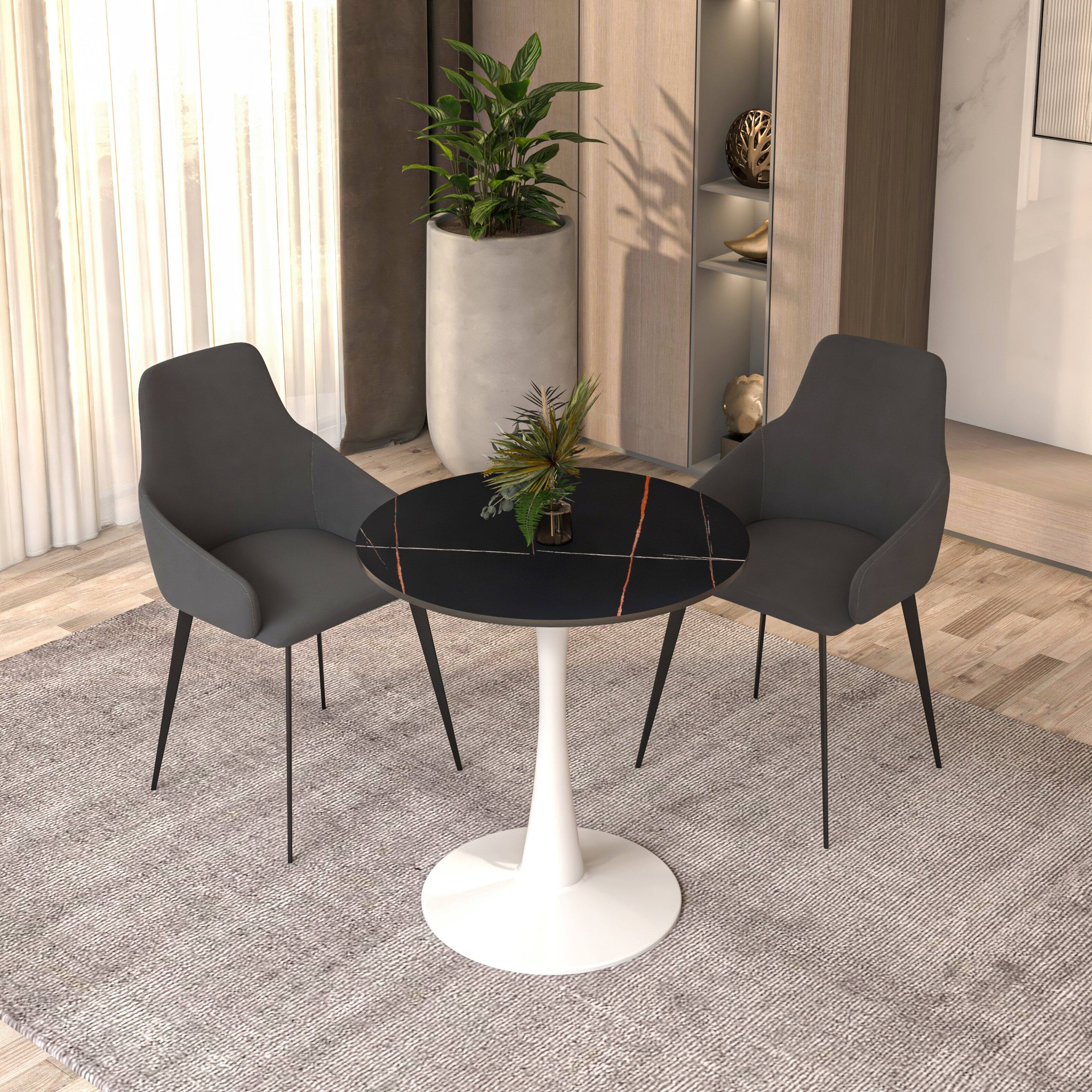 Angle. LeisureMod - Bristol 24" Modern Round Dining Table with White Pedestal Base for Kitchen & Compact Spaces - Stone - Black.