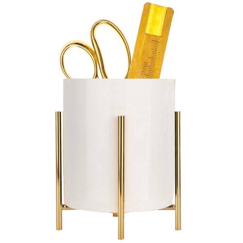Front. Vulpecula Spade - Gold pencil cup Sturdy metal frame with white ceramic pen holder For desks and kitchen appliance holders.