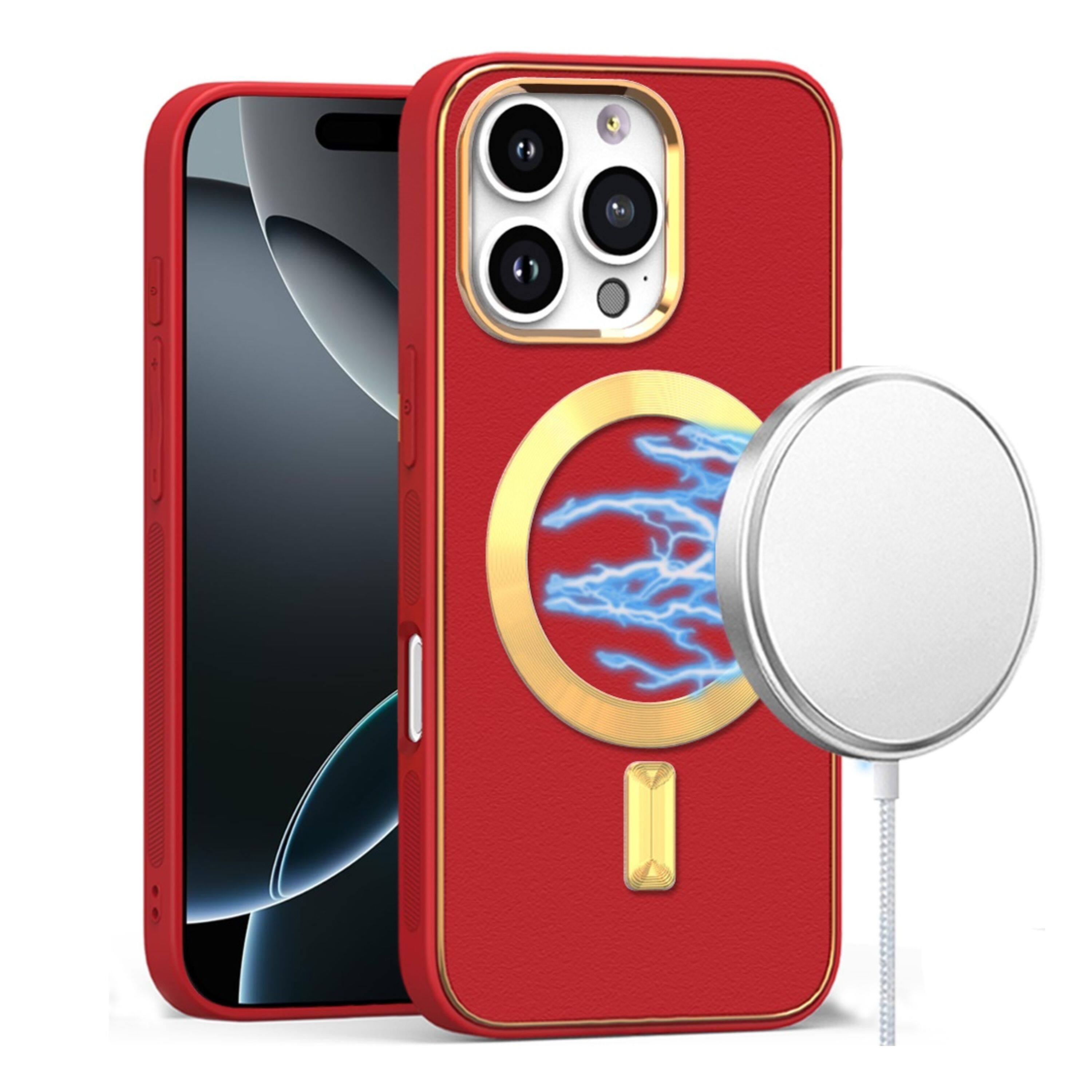 Angle. Kitcheniva - Vegan Leather Cover Magnetic Circle Phone Case With Tempered Glass For iPhone 16 Pro Red - Red.