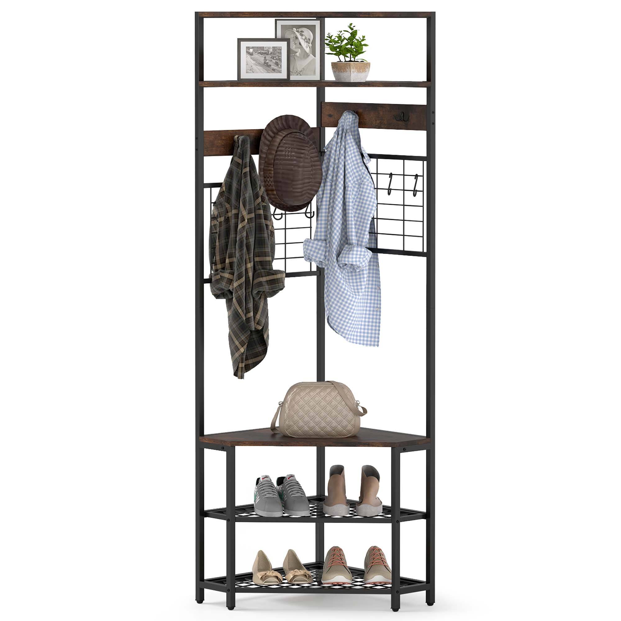 Gymax - 5-Tier Corner Hall Tree w/ Shoe Storage Bench 12 Metal Hooks for Living Room - Brown