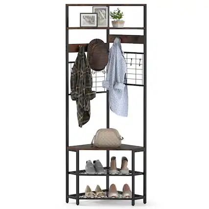 Front. Gymax - Gymax 5-Tier Corner Hall Tree w/ Shoe Storage Bench 12 Metal Hooks for Living Room Brown - Brown.
