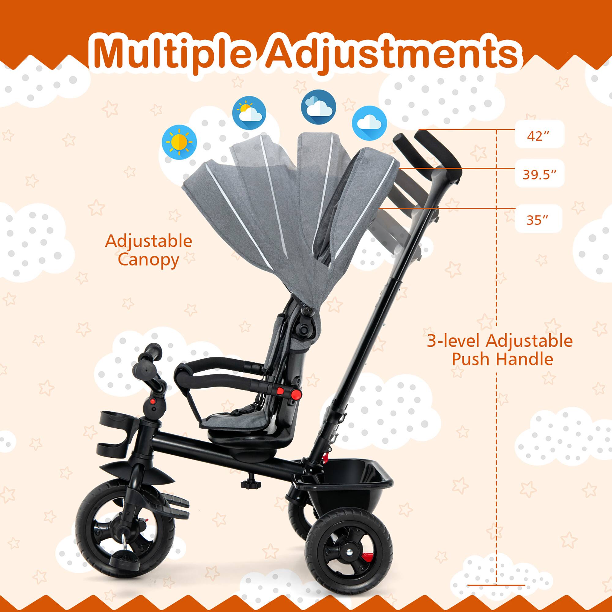 Multiple Adjustments

Adjustable Canopy

3-level Adjustable Push Handle

42"  
39.5"  
35"