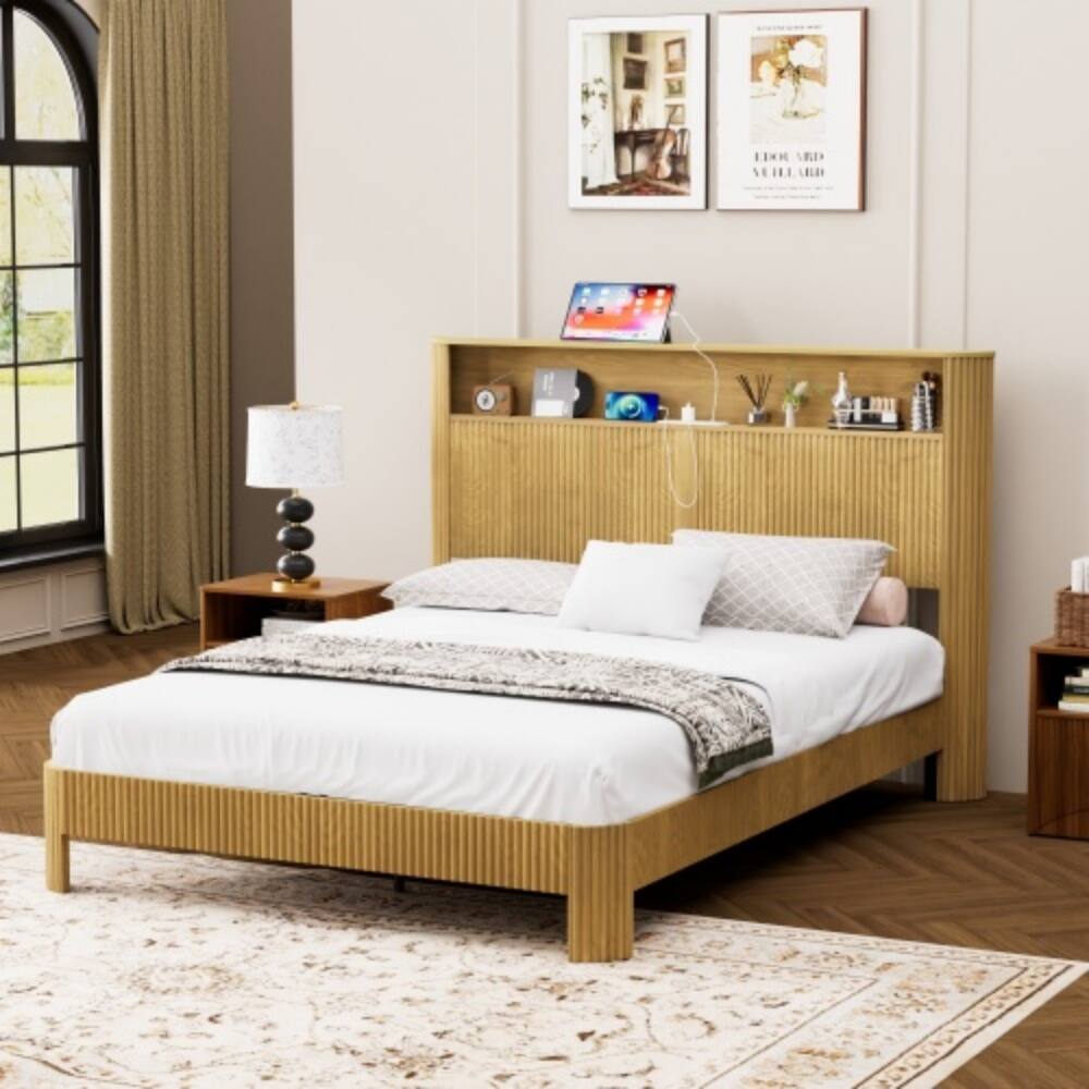 LUCKY ONE - Queen Size Bed Frame with Storage Headboard, USB Charging Station, Wavy Curved Design, Metal Support - Natural