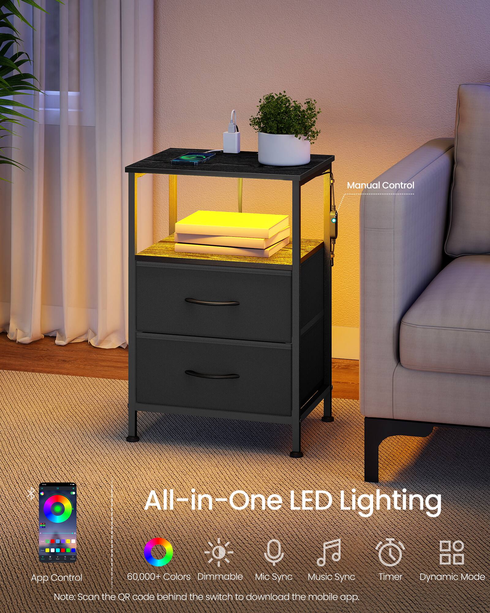 Manual Control  
All-in-One LED Lighting  
App Control  
60,000+ Colors  
Dimmable  
Mic Sync  
Music Sync  
Timer  
Dynamic Mode  

Note: Scan the QR code behind the switch to download the mobile app.