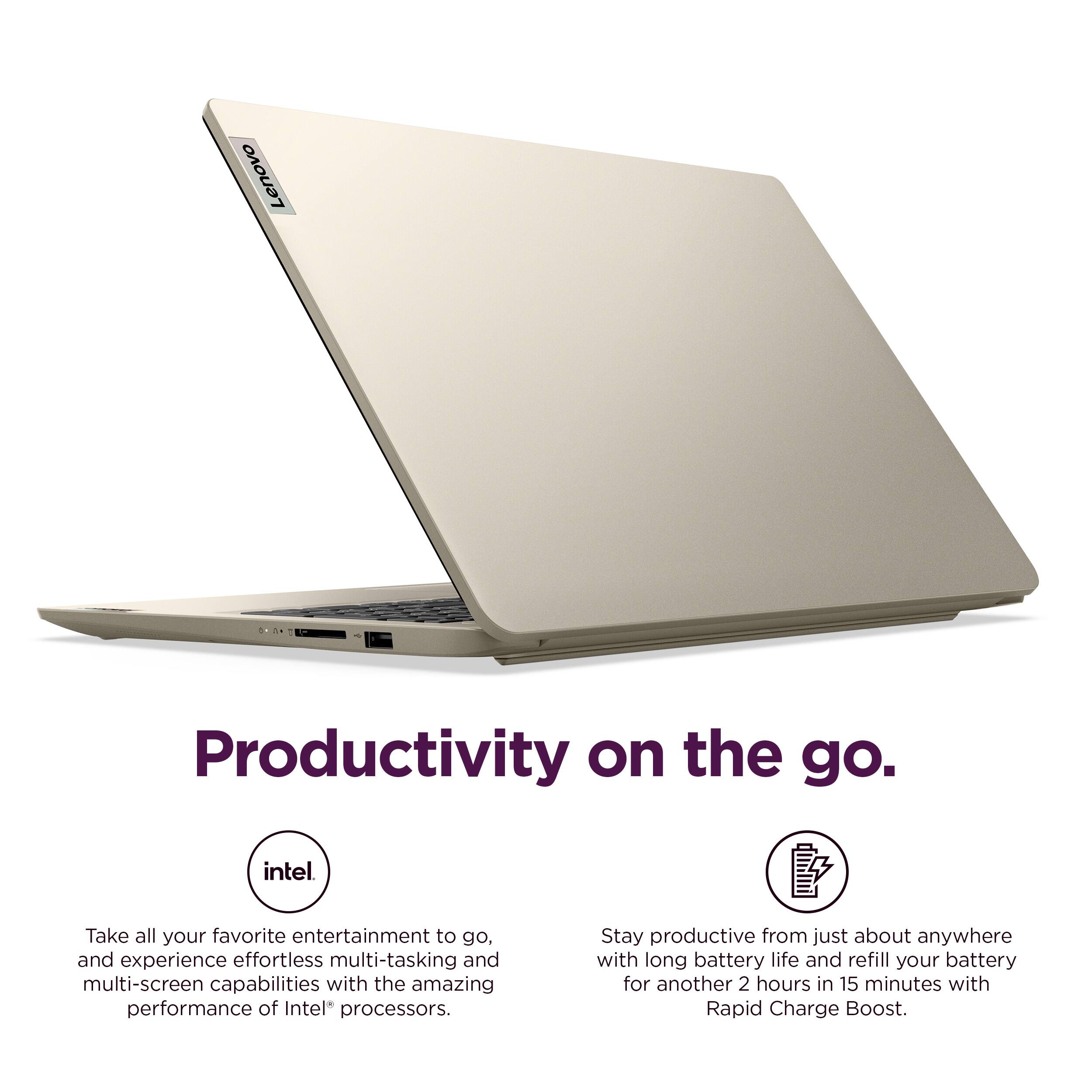 Lenovo Productivity on the go. intel. Take all your favorite entertainment to go, and experience effortless multi-tasking and multi-screen capabilities with the amazing performance of Intel processors. Stay productive from just about anywhere with long battery life and refill your battery for another 2 hours in 15 minutes with Rapid Charge Boost.