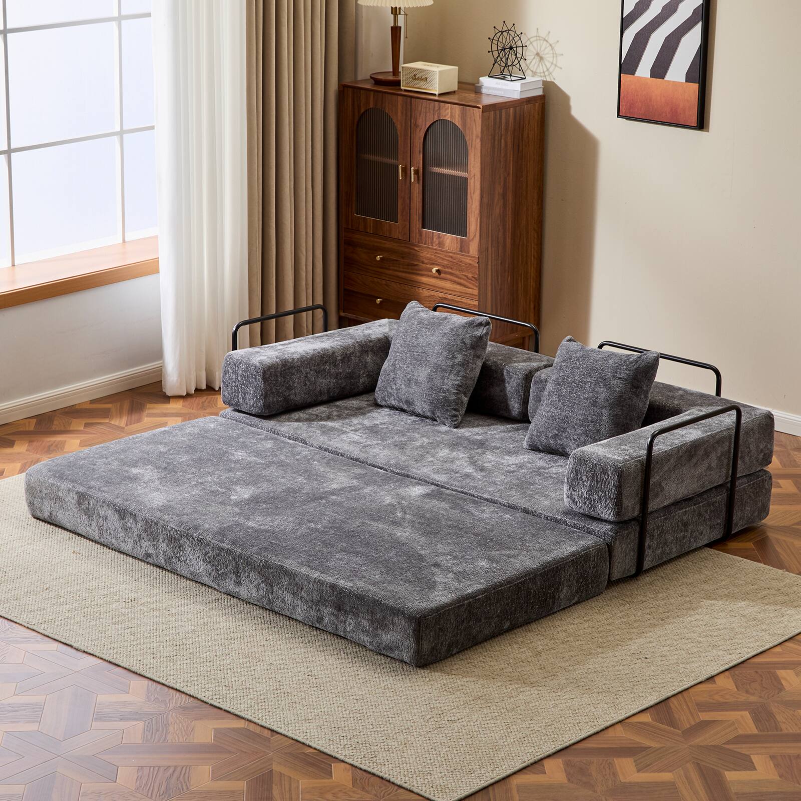 Front. APRILSOUL - Floor Couch Compression Sofa Convertible Pillow Back Support Armrest Comfy Futon Chenile Fabric Living Room Bedroom - GREY.