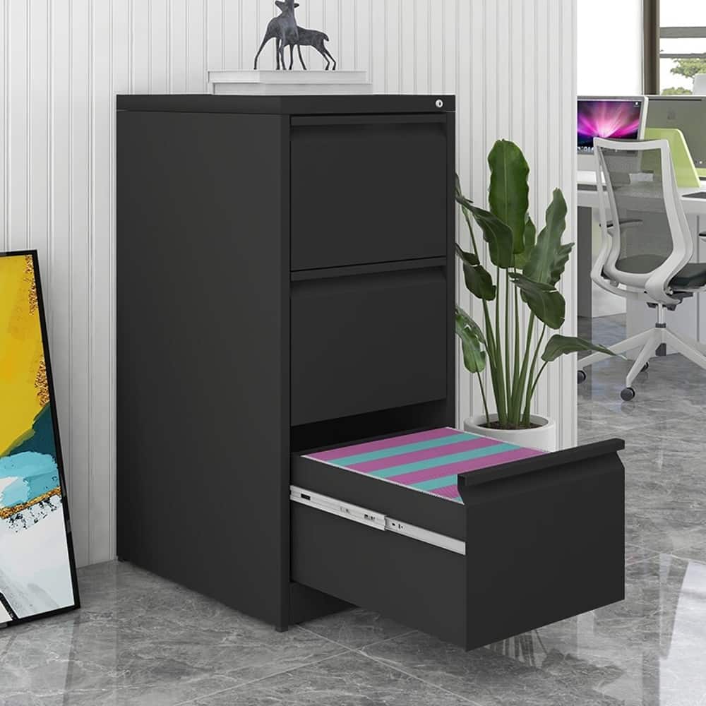 Front. Loheer - Loheer 3 Drawer Locking File Cabinet Steel Vertical Storage Black.