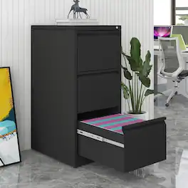 Loheer - 3 Drawer Locking File Cabinet Steel Vertical Storage Black