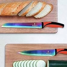Left. SiliSlick - Rainbow Titanium-Coated Stainless Steel Kitchen Knife Set - Red Handle.