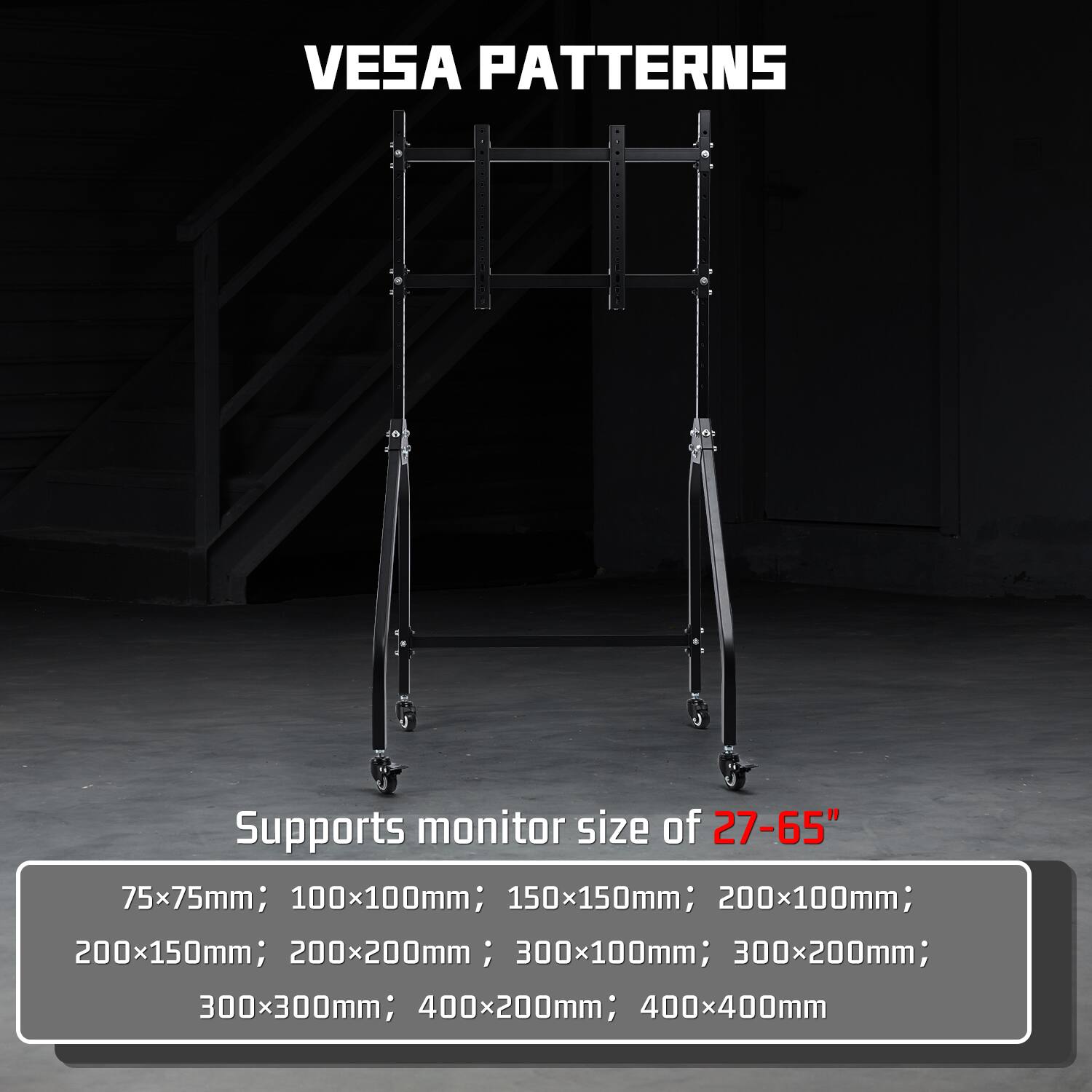 VESPA PATTERNS

Supports monitor size of 27-65" 75x75mm; 100x100mm; 150x150mm; 200x100mm; 200x150mm; 200x200mm; 300x100mm; 300x200mm; 300x300mm; 400x200mm; 400x400mm