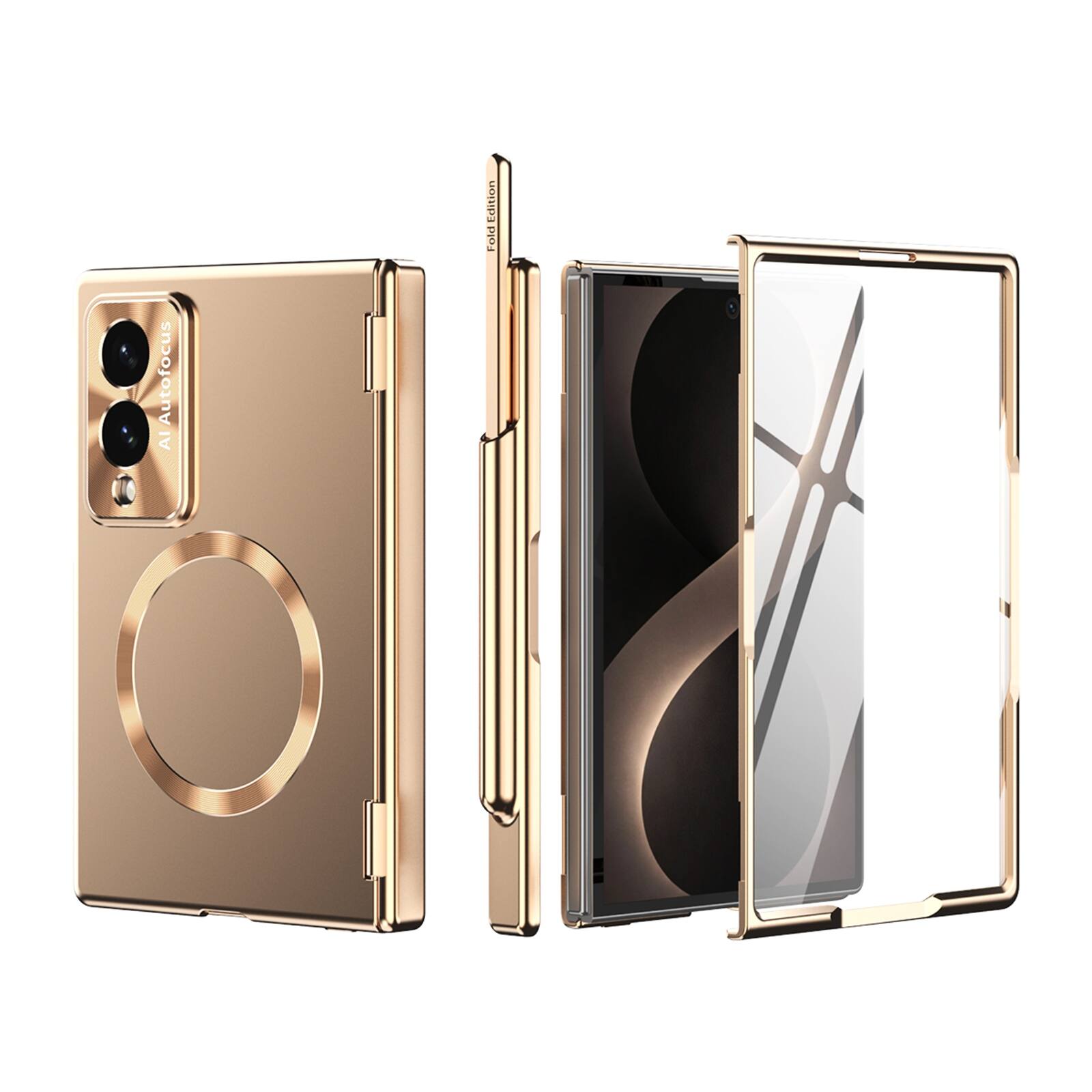 Dteck - For Samsung Galaxy Z Fold8 Rugged Shockproof Magnetic Case 2 Hinge Cover with Stylus and Screen Protector Included - Gold