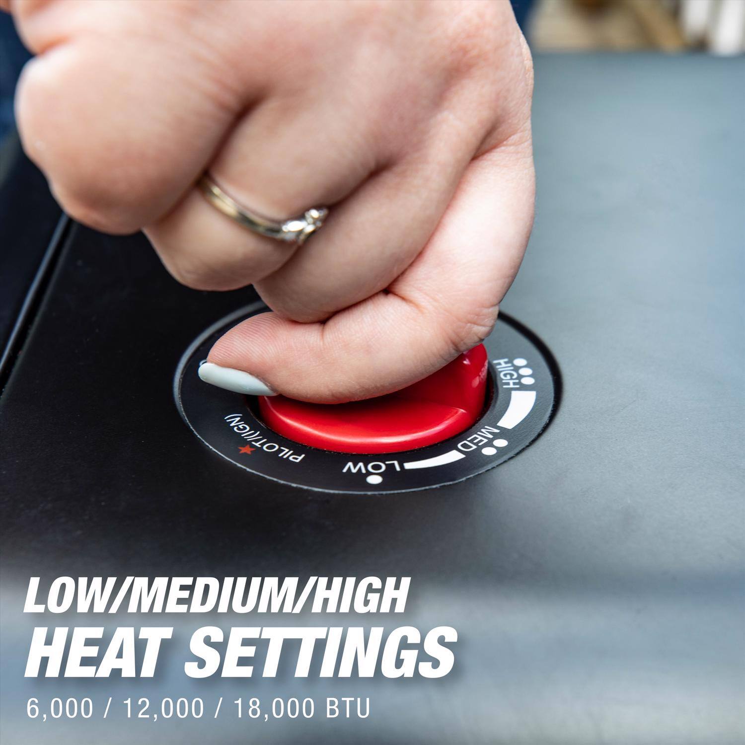 PILOTI(IGN) MOT HIGH MED LOW  
6,000 / 12,000 / 18,000 BTU  

LOW/MEDIUM/HIGH HEAT SETTINGS  
6,000 / 12,000 / 18,000 BTU