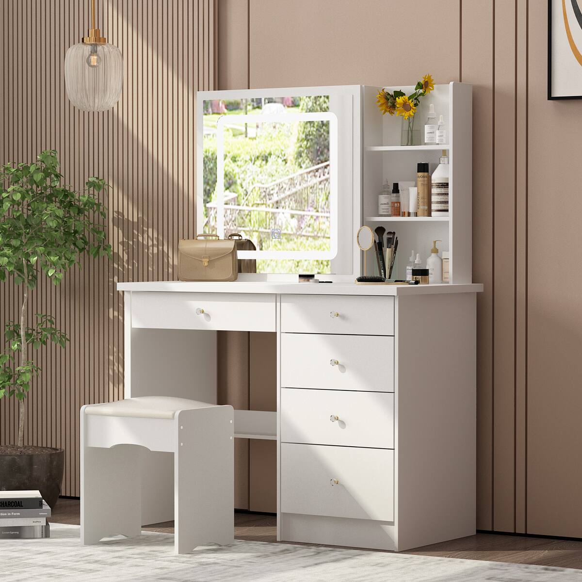 Angle. Famapy - Vanity Table with Sliding LED Mirror & Hidden Storage: Bedroom Beauty Organizer - White.