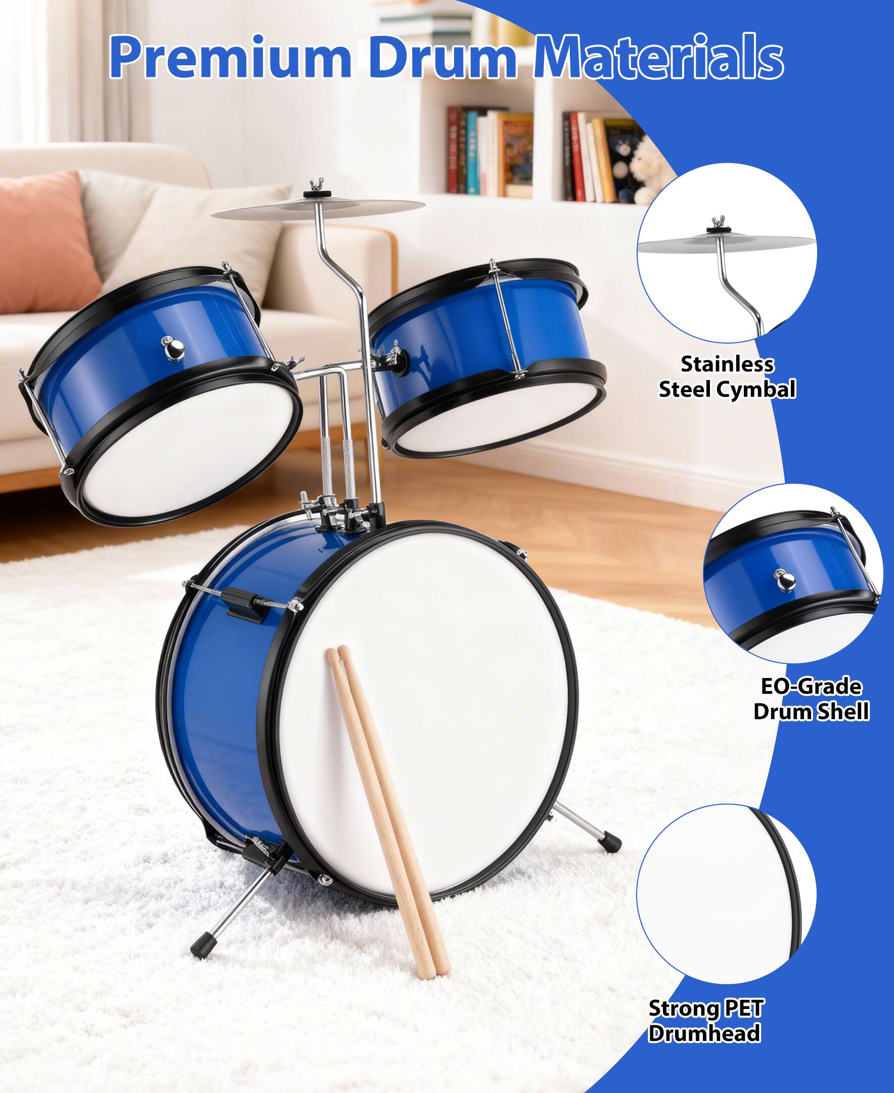 Alt View 2. Sugift - 3-Piece Kids Drum Set with Adjustable Stool, Bass Pedal & Cymbal – Realistic Junior Drum Kit for Ages 3+ - Blue.