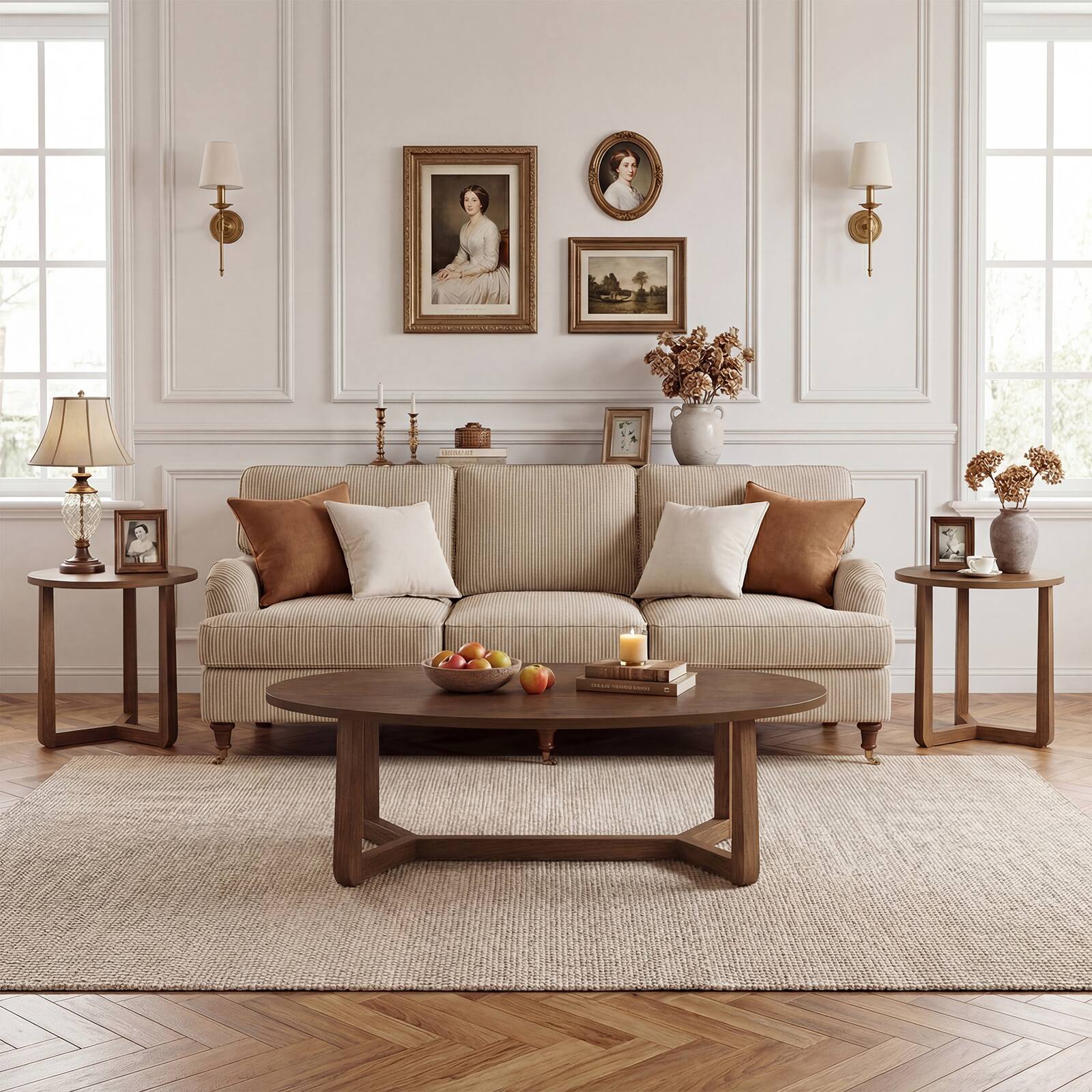 Alt View 1. Costway - Costway Nesting Coffee Table Set of 3 Oval Accent Table & Round Sofa Side Table - Walnut.
