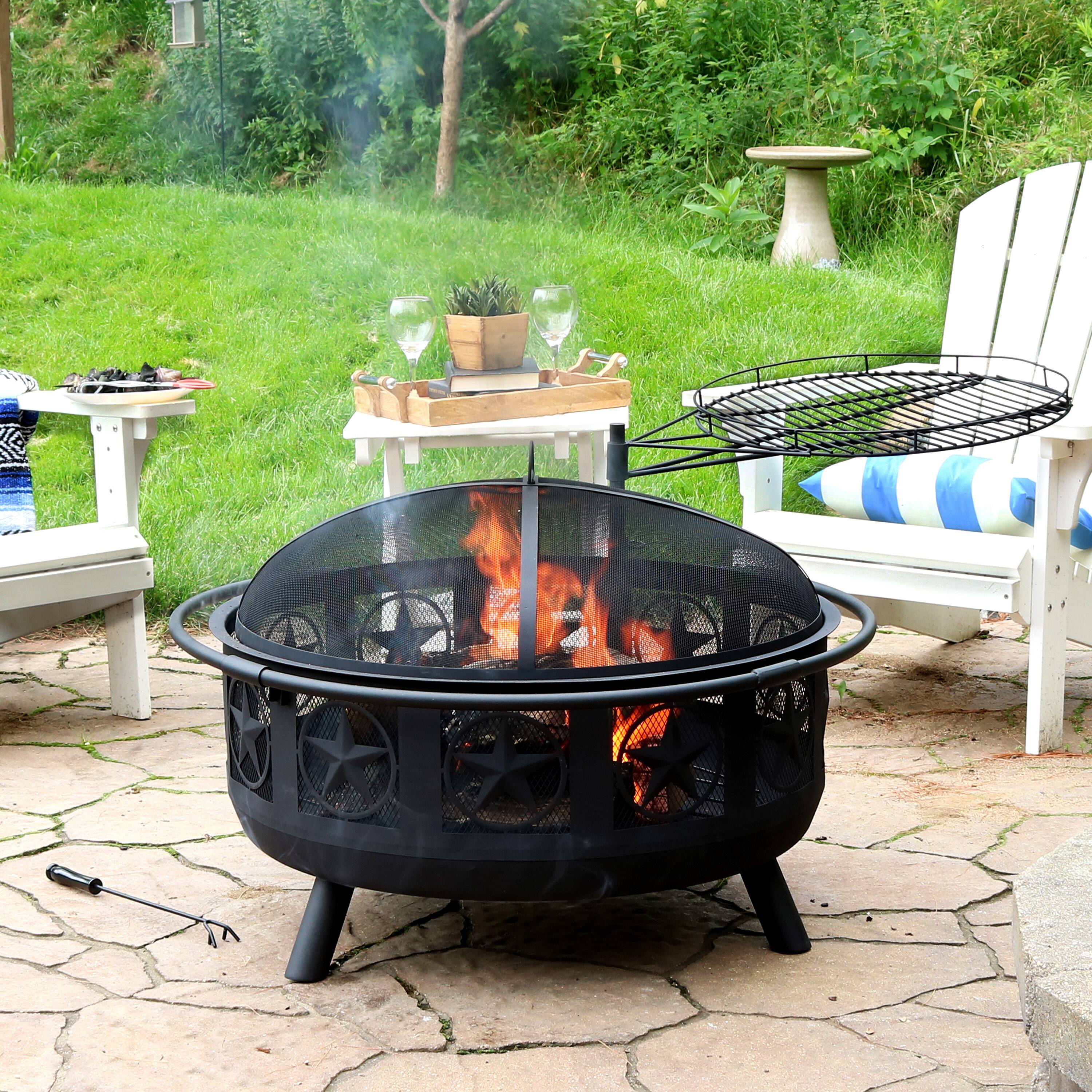 Alt View 1. Sunnydaze - 30 in All Star Steel Fire Pit with Cooking Grate and Spark Screen - Black.