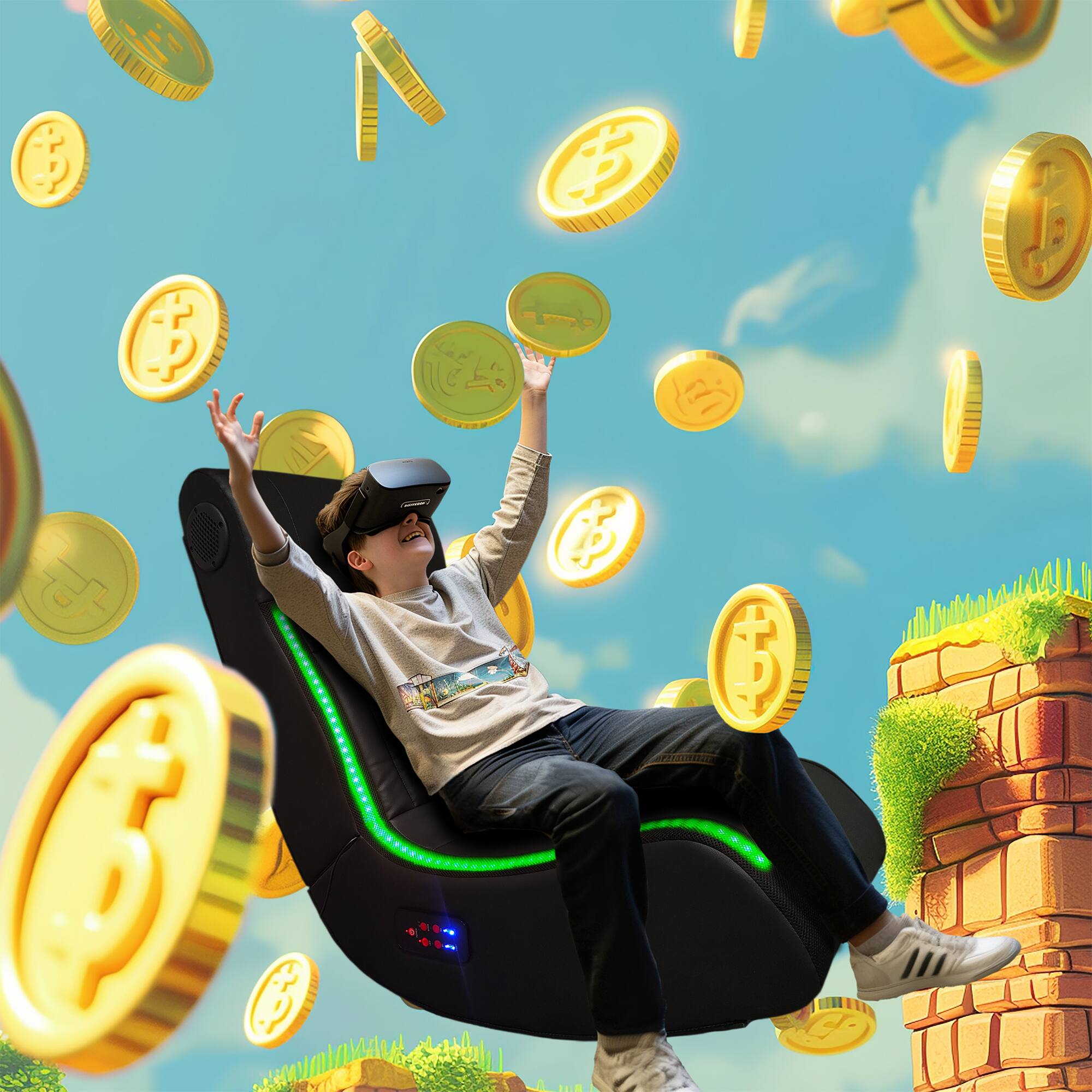 Back. GOODSILO - Foldable Gaming Chair with Speakers, LED Lights, Bluetooth, Vibration & USB - Black.