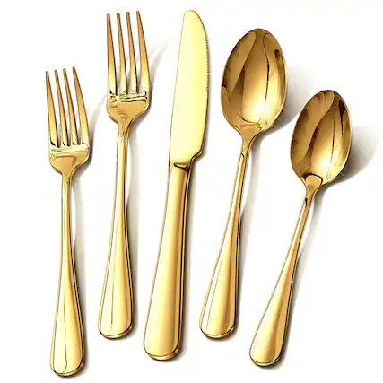 Front. Dazzed Corner - 40 Piece Gold Stainless Steel Flatware Set, Silverware Set for 8 - Gold.
