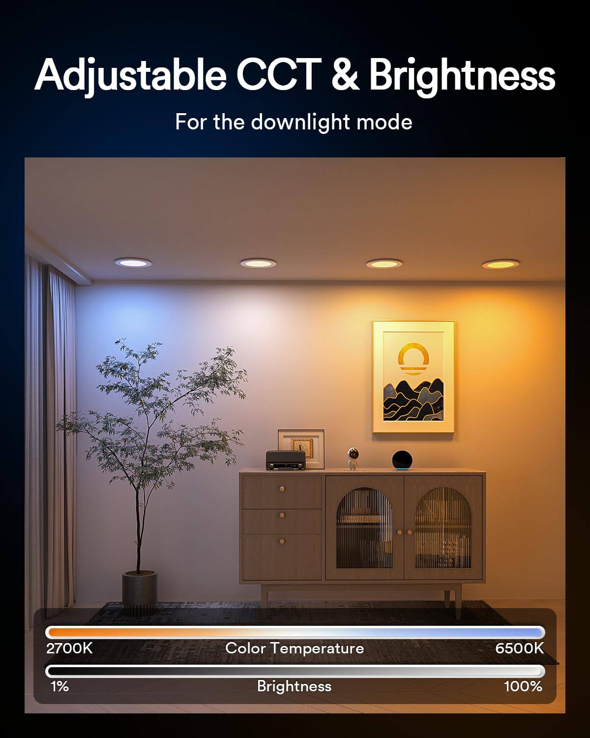 Adjustable CCT & Brightness  
For the downlight mode  
2700K - 6500K Color Temperature  
1% - 100% Brightness