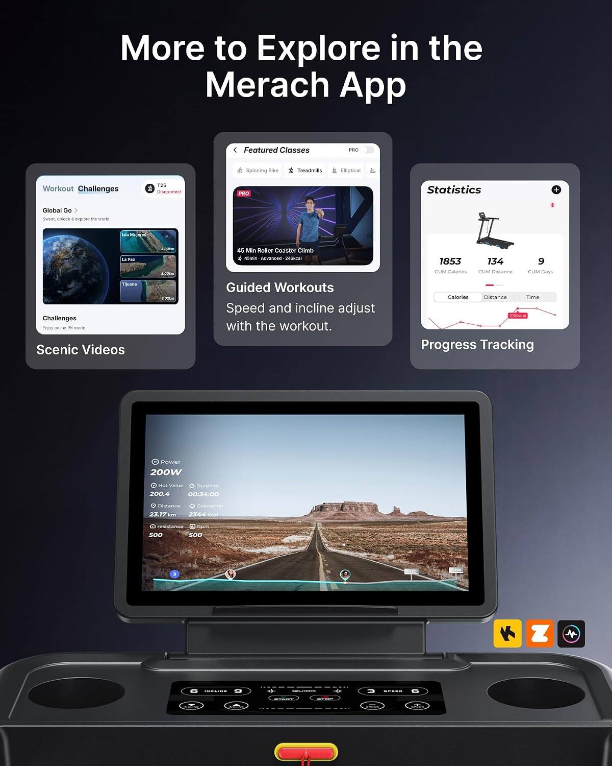 More to Explore in the Merach App

Featured Classes
PRO
Spinning Bike
Treadmills
Eltiptical
Workout Challenges
T25 2 Disconnect
PRO
Statistics
Global Go Sweat unlock 1 explore TM Bhow
atujajined
La PAZ Tiyuna Challenges Enpy - TV mode Scenic Videos
3.00km amam 3.00km
45 Min Roller Coaster Climb * 45min Advanced 246kcal Guided Workouts Speed and incline adjust with the workout.
1853 134 9 CUM Calories CUM Distance CUM Days Calories Distance Time 256kcal Progress Tracking
Power 200W
HADE Value Duration 200.4 00:34:00
Distance Caloration 23.17 km 2344 Kcal
resistance Rom 500 500
