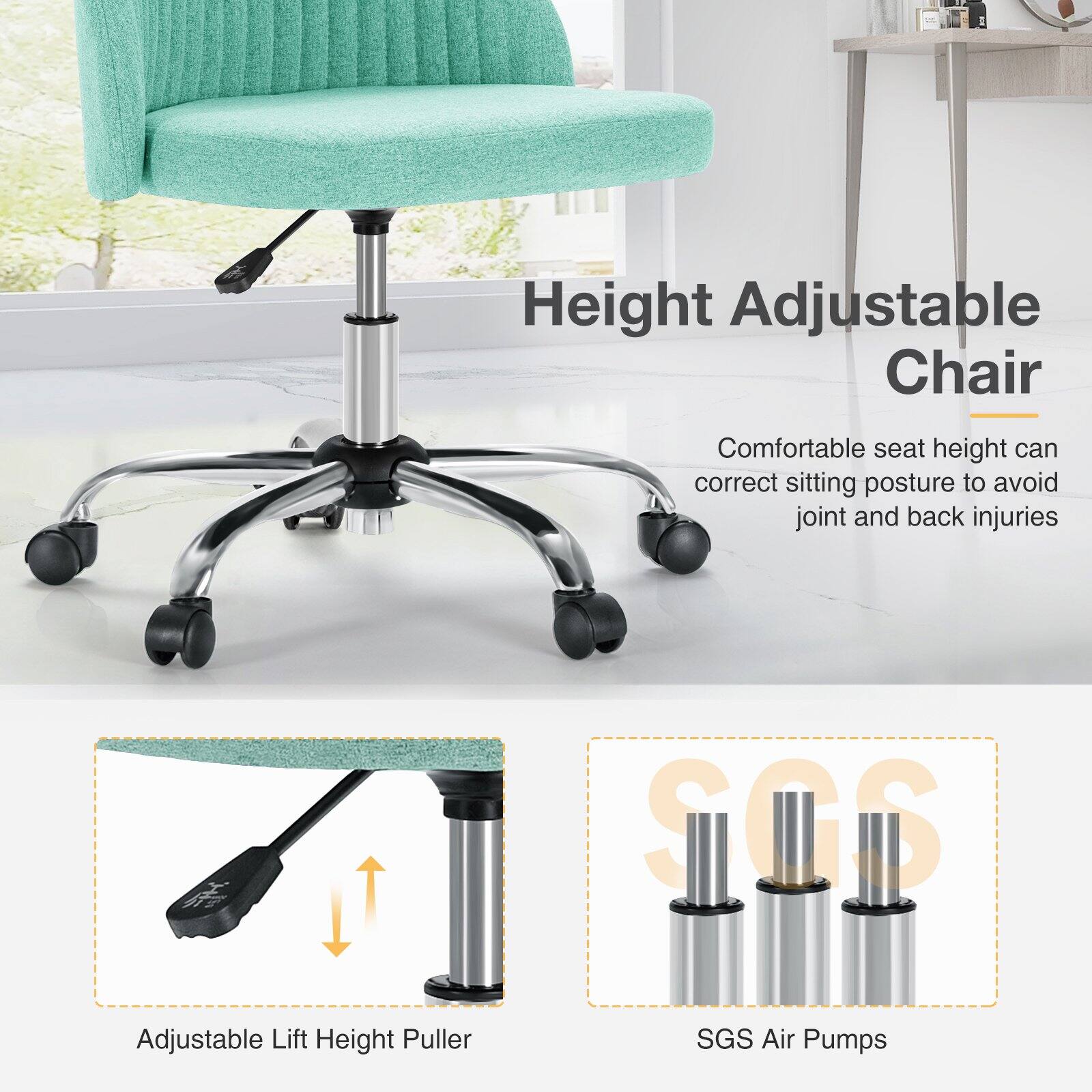 Height Adjustable Chair  
Comfortable seat height can correct sitting posture to avoid joint and back injuries  

Adjustable Lift Height Puller  
SGS Air Pumps