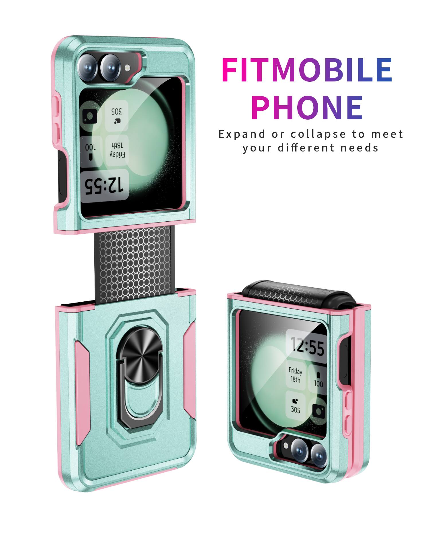 100 305  
18th Friday  
FITMOBILE PHONE  
Expand or collapse to meet your different needs  
12:55  
12:55  
Friday 18th  
100 305