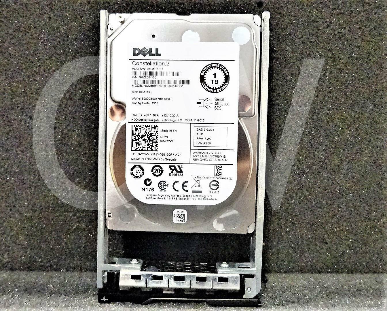 DELL Constellation.2  
HDD SN XCSH THM  
MODEL NUMBER 9100064S  
Site KRATSG  
WWN 5000C5005788 BC  
Config Code 1313  
ENTERPRISE CLASS TB  
CERTIFIED BY DELL  
Serial Attached SCSI  
RATED +5V 1.10A +12% 20 A  
HDD Mfg by Seagate Technology LLC  
DOM 11/2013  
MADE IN THAILAND by Seagate  
WARRANTY VOID IF REMOVED OR BROKEN  
TUV 20 LR IC E145125  
ISO 9001  
CE  
N176  
European Regulatory Address: Seagate Technology LLC, 11300 N. Scottsdale Rd., Scottsdale, AZ 85254  
SAS 6 Gbps  
1 TB  
1 RPM 7200  
FW: AS08  
WARRANTY VOID IF REMOVED OR BROKEN  
ANY LABEL/SCREW IS MADE IN THAILAND by Seagate  
DPIN 09WSWV