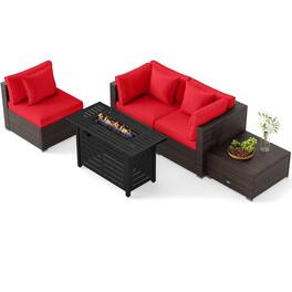 Costway - 5 PCS Patio Furniture Set Heavy-duty Frame Sofa Set with 60,000 BTU Firepit Table - Red