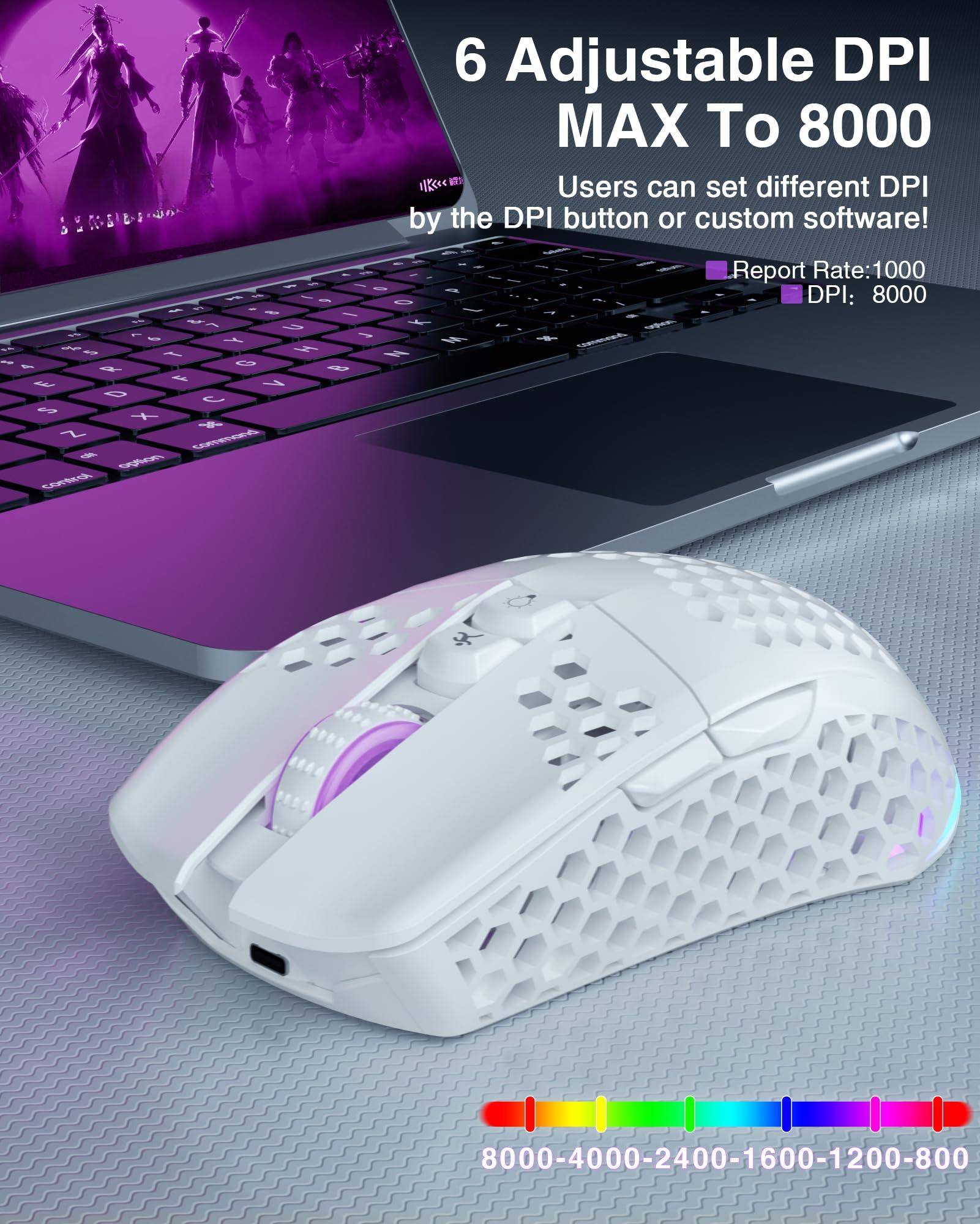 6 Adjustable DPI MAX To 8000  
Users can set different DPI by the DPI button or custom software!  
Report Rate: 1000  
DPI: 8000  
8000-4000-2400-1600-1200-800