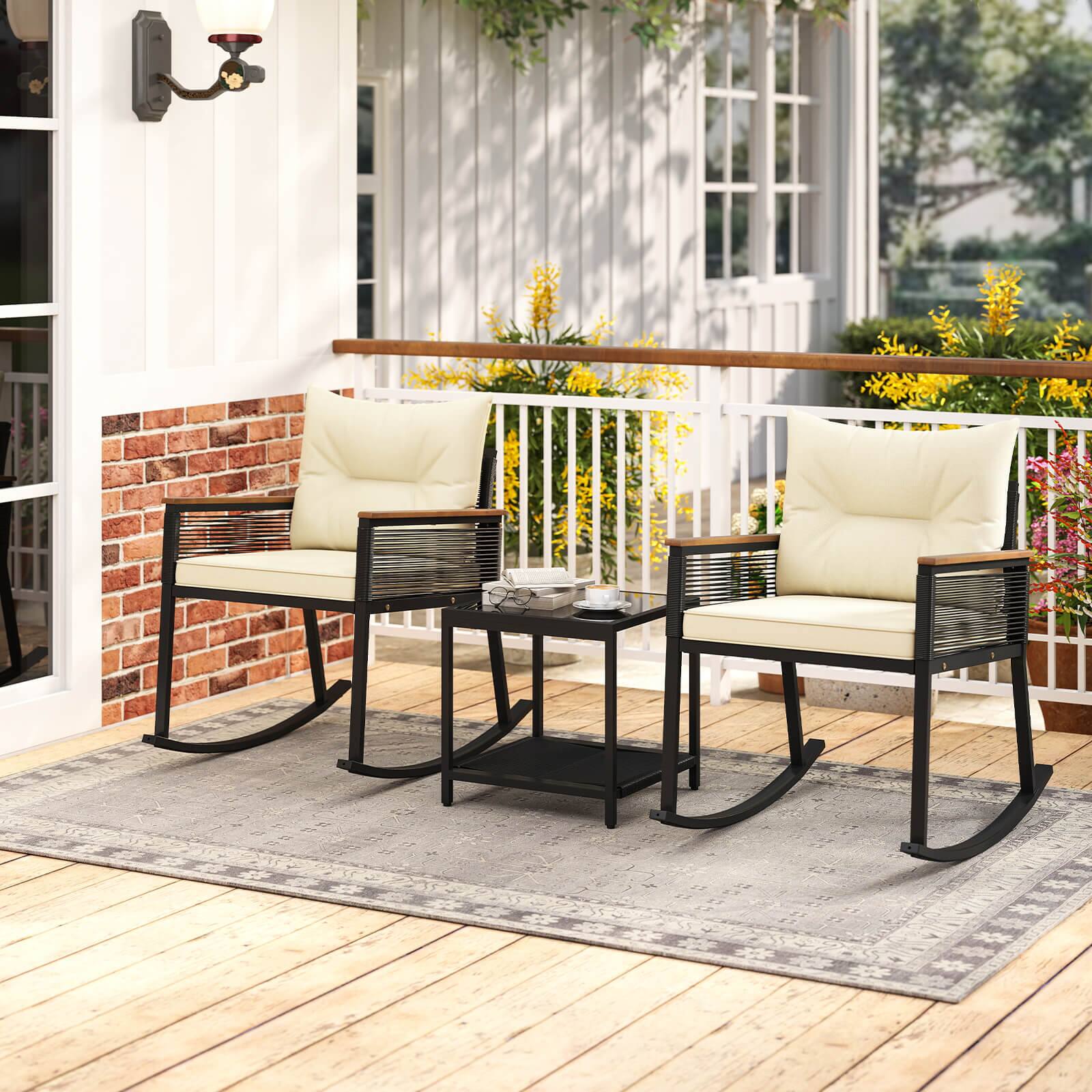 Alt View 3. Costway - Costway 3 PCS Outdoor Rocking Bistro Set with 2-Tier Coffee Table, Acacia Wood Armrests - Beige.
