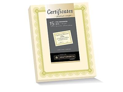 Certificates  
premium weight  

15  
FOR ENHANCED  
64 lb. | 180 gsm  

SOUTHWORTH