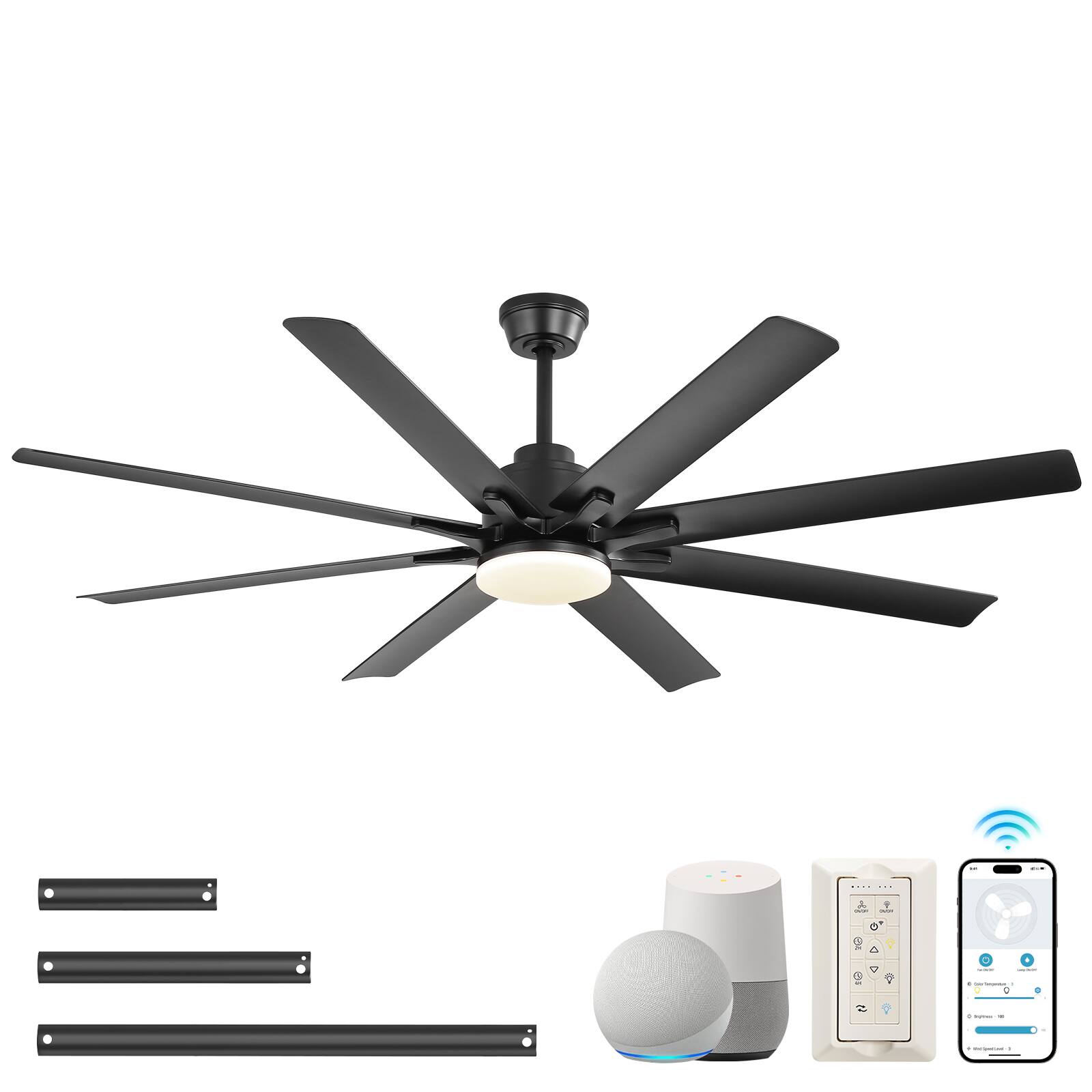 Alt View 7. Sofucor - Sofucor 52'' Smart Ceiling Fan with Lights and Remote & APP Control Work with Alexa/Google Indoor Outdoor Ceiling Fan - Black.